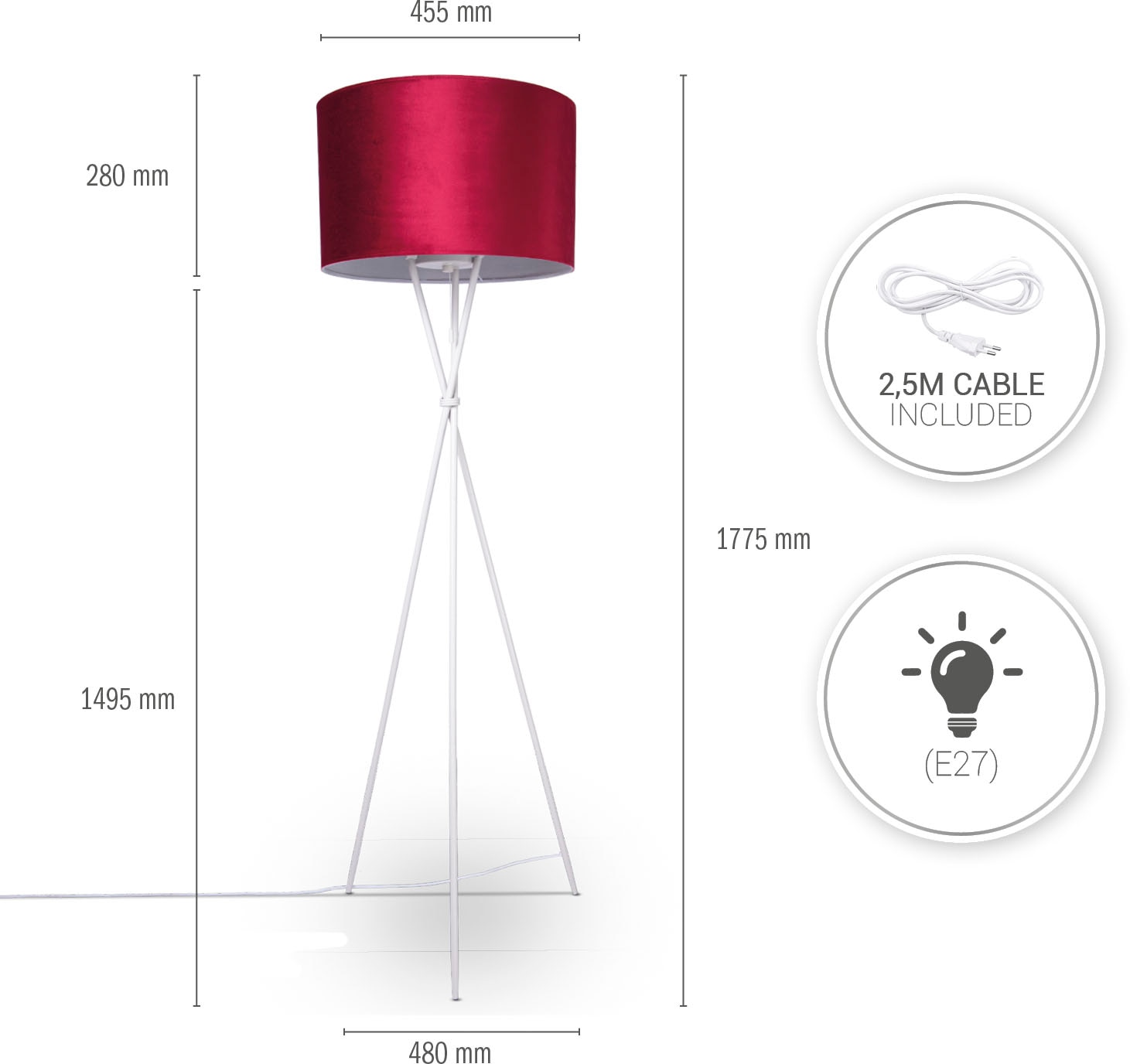 Paco Home Stehlampe »Kate uni Color«, Leuchtmittel E27 | ohne Leuchtmittel, Wohnzimmer Dreibein Standleuchte Velour Höhe 177,5cm Filigran E27