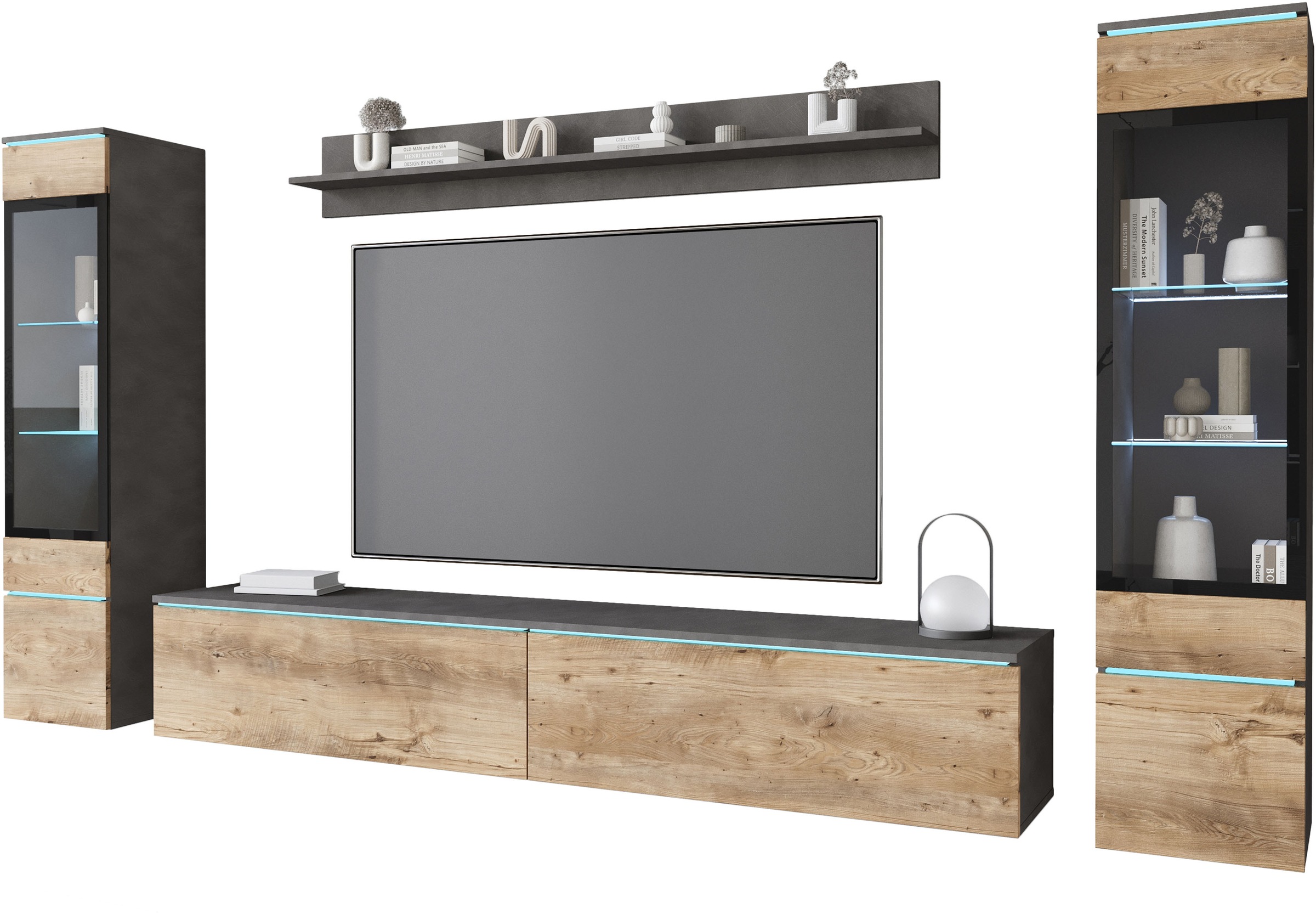 INOSIGN Wohnwand »VERA II, Vitrinen Türanschlag wechselbar«, (Komplett-Set, 4 St.), Vitrine mit Verglasung, stehend und hängend, inklusive Beleuchtung