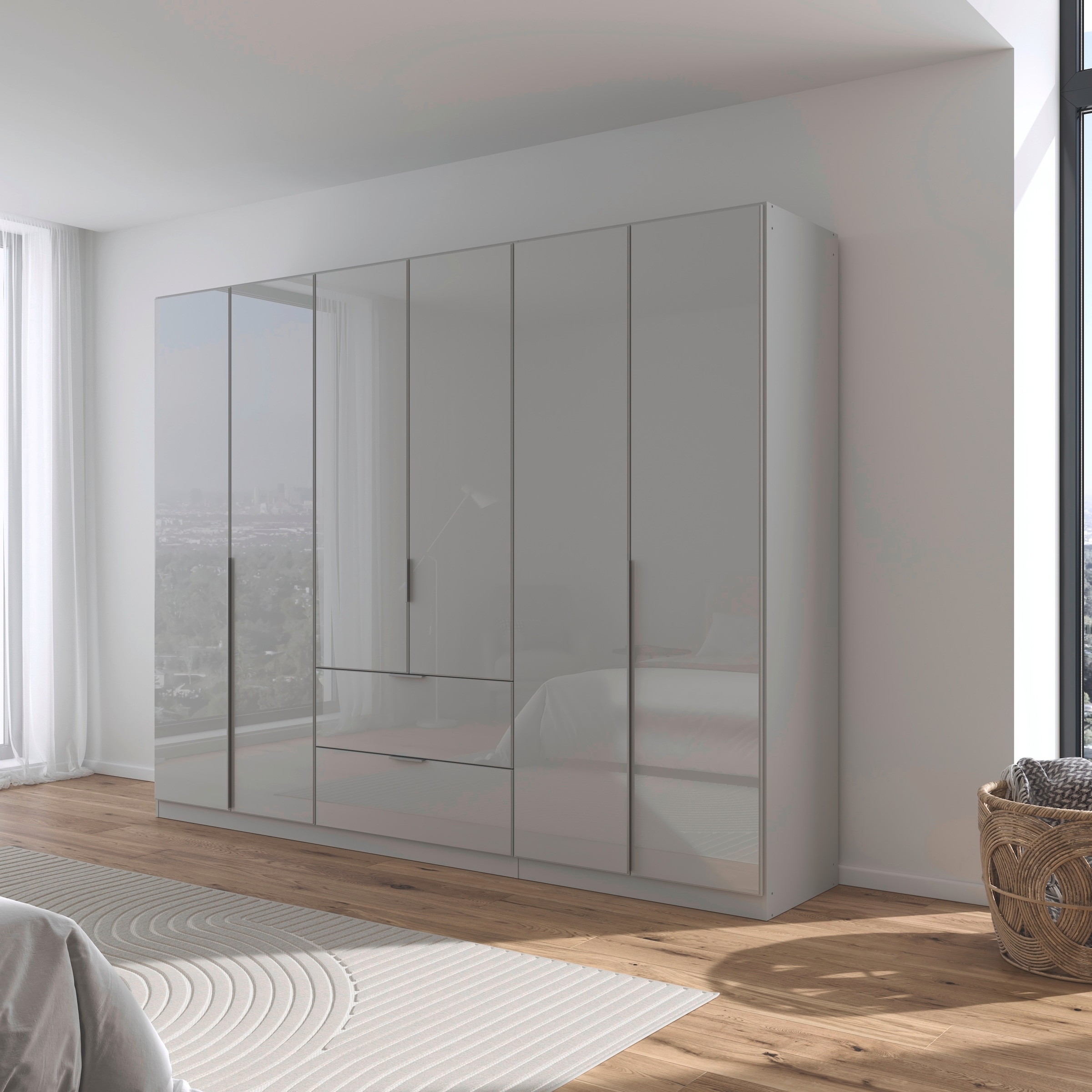 rauch Drehtürenschrank »Kleiderschrank Kleiderschränke Schrank Garderobe AGORDO mit Glasfront«, (in zwei Griff-Farben mit Glasfront), mit Außenschubkästen, in 6 Breiten und 2 Höhen MADE IN GERMANY