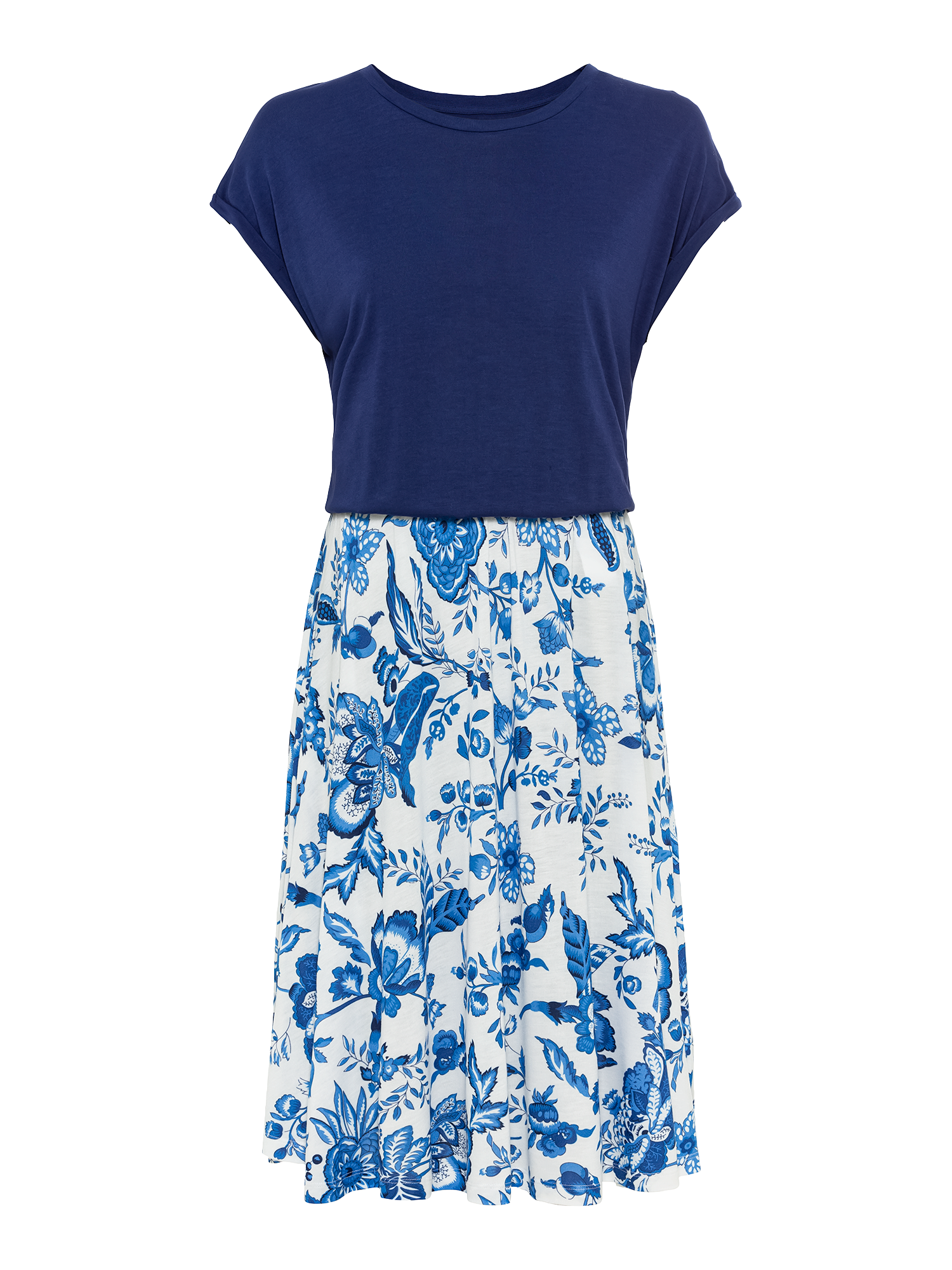 Sommerkleid Seitennahttaschen mit bedrucktem Rock, T-Shirtkleid, Strandkleid, Gr. 40 - N-Gr, blau-creme bedruckt N-Gr