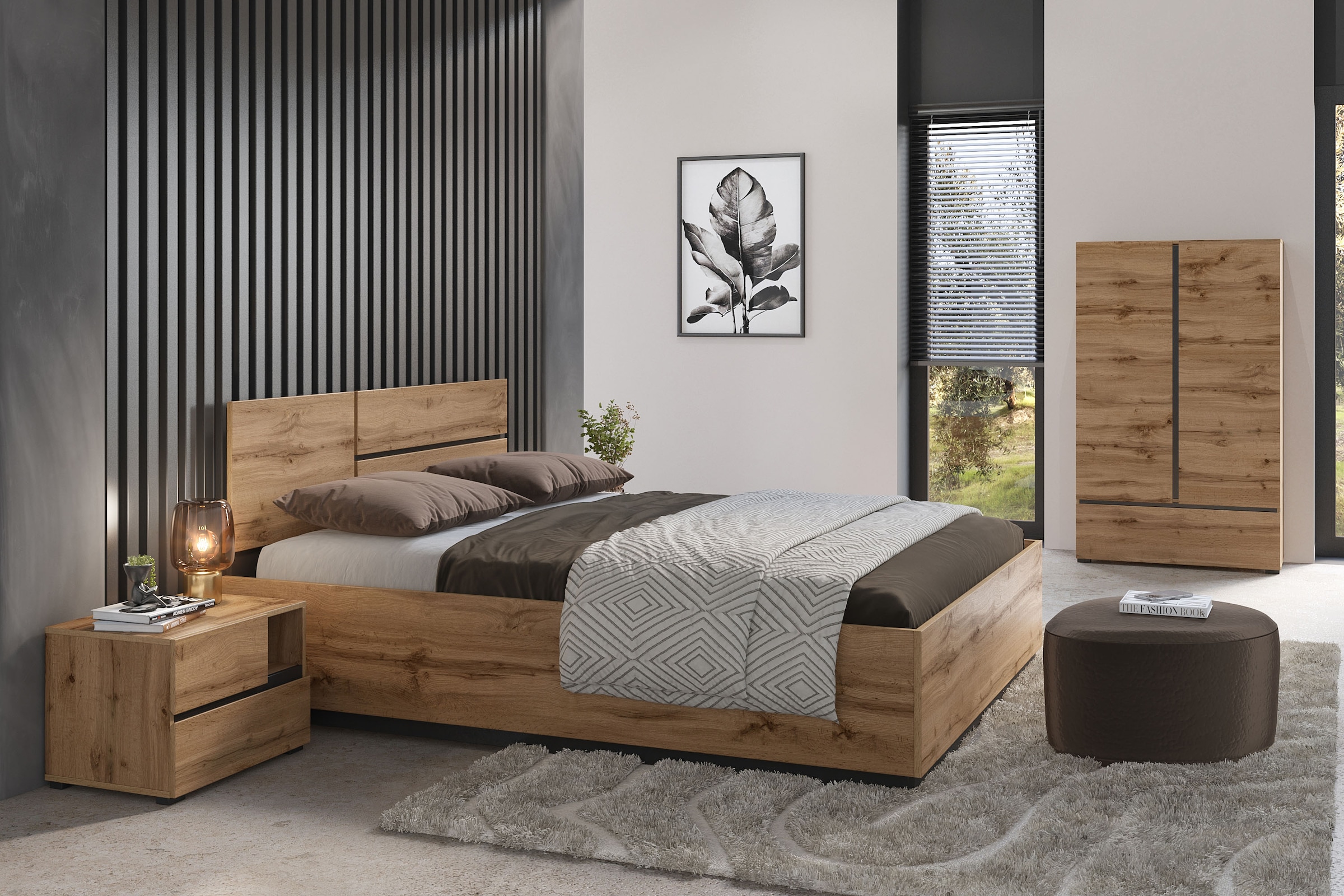 INOSIGN Schlafzimmer-Set »Cross, moderne, grifflose Optik, FSC-zertifiziert«, (4 tlg., Bett 180x200cm, 2 Nachtkommoden, Schrank 2-oder 4-türig), Komplettschlafzimmer-Set
