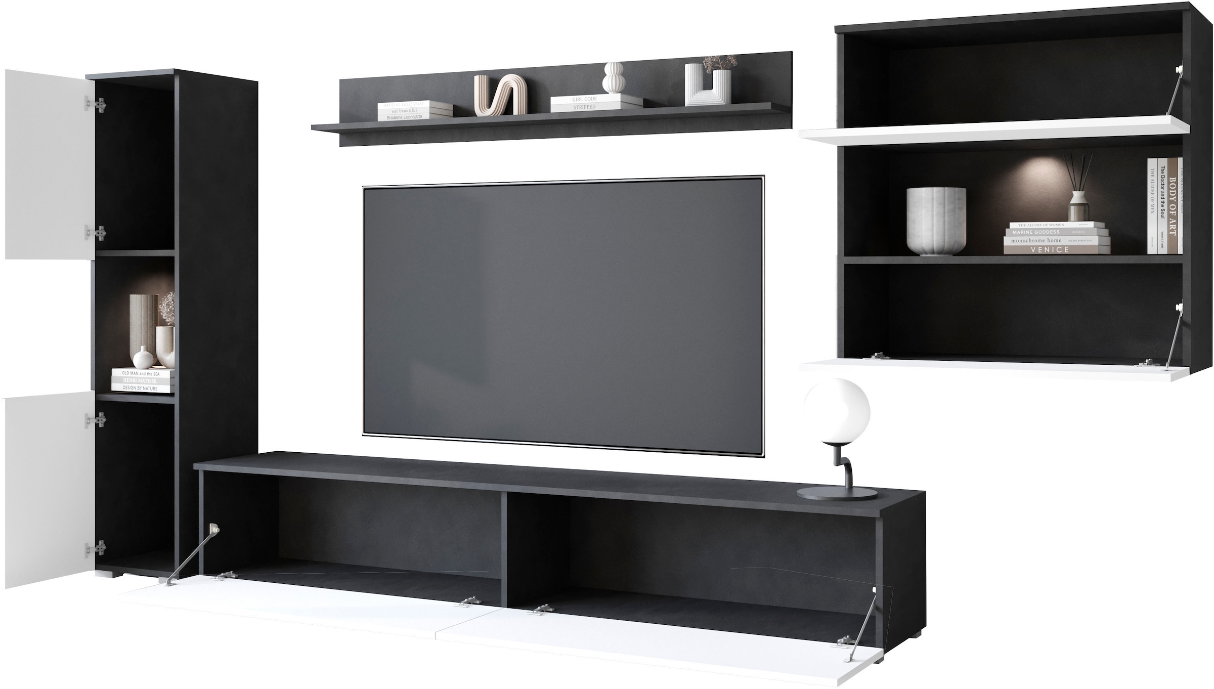 INOSIGN Wohnwand »PARIS«, (Komplett-Set, 4 St.), TV-Wand 300cm breite, grifflose Design, stehend und hängend montierbar