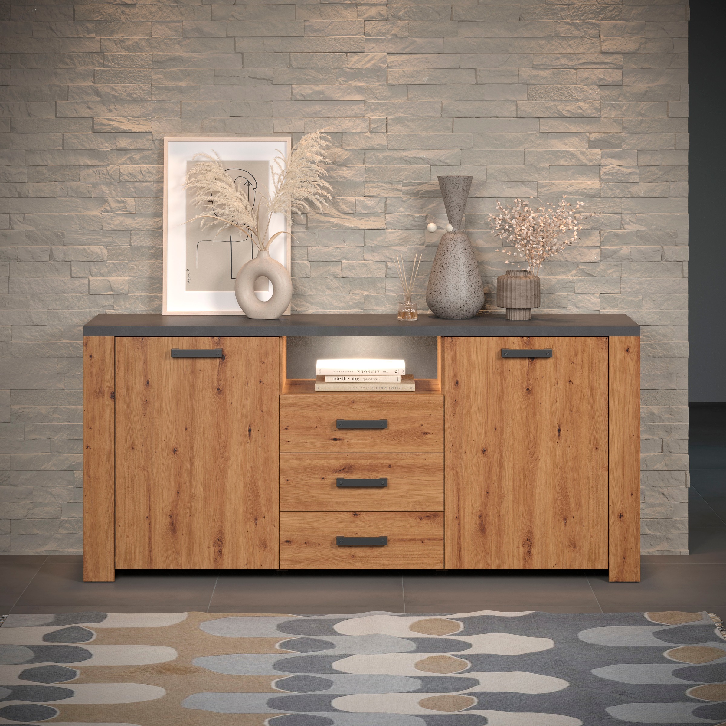 Home affaire Sideboard »Ambres«, (1 St.), Kommode Echtholzoptik, Maße BxH: 180x83 cm, Eiche