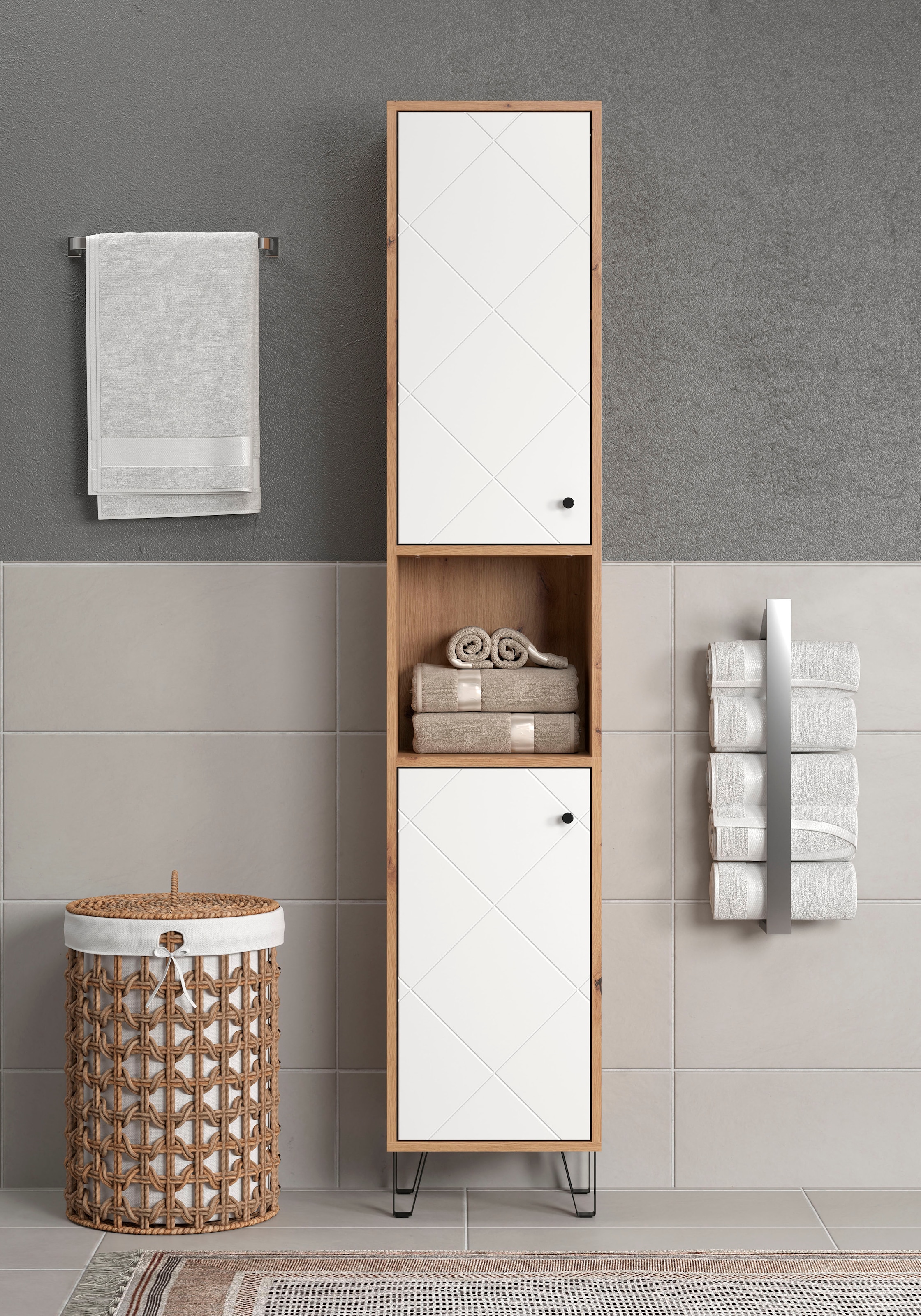 Places of Style Hochschrank »Tarragona«, (1 St.), Breite 36 cm, 2 Türen, Retro Metallfüße, matt, braune Holzoptik / weiß