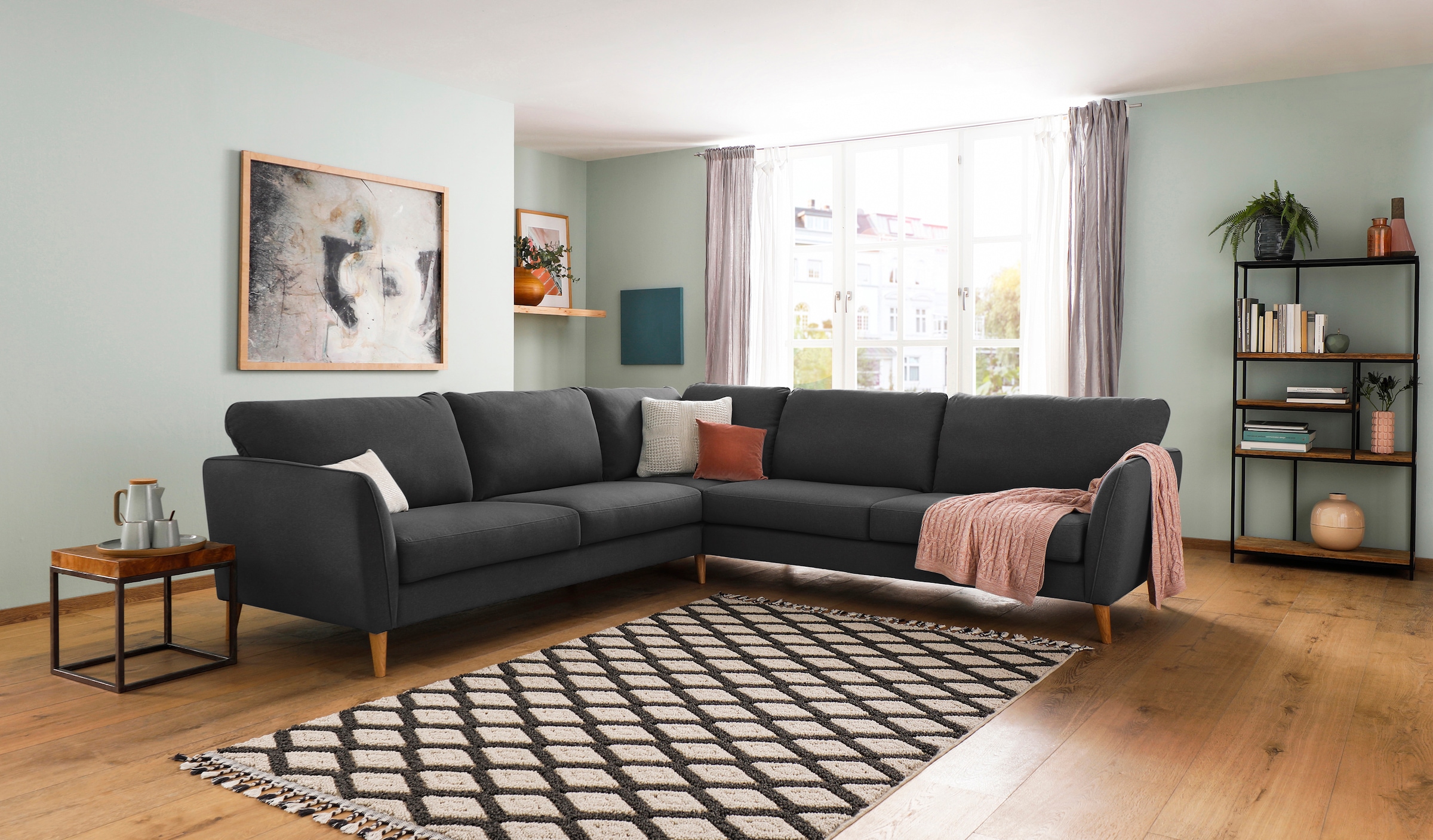 Home affaire Ecksofa »MARSEILLE 278/278 cm, L-Form, Webstoff, Flachgewebe, Filzoptik«, gleichschenklig, Massivholzbeine, Landhausstil, Wellenunterfederung