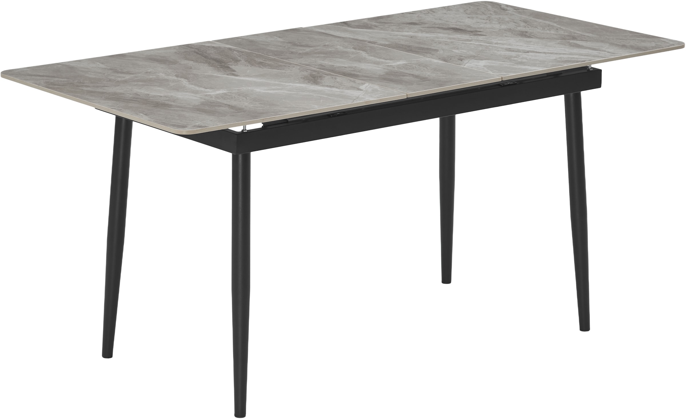 OTTO home Eckbankgruppe »Stevian« Set, 1 ausziehbarer Esstisch + 1 Eckbank Recamiere links + 2 Stühle, 4 Stk. tlg. Holz, Strukturstoffbezug, Freischwingerstühle, gesteppten Bänken