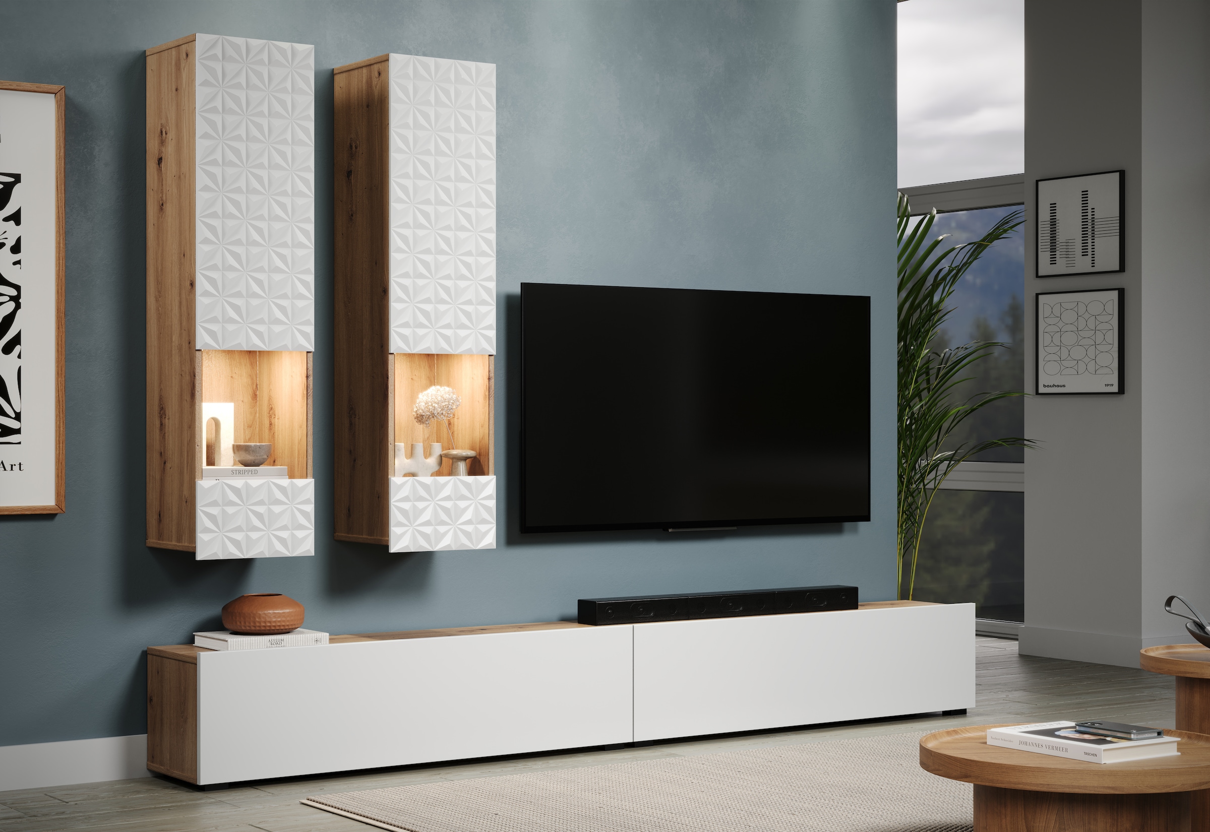 INOSIGN Wohnwand »Rezzo, 2 Hängevitrinen mit Relief-Front, 2 Lowboards je Br. 120 cm«, (Komplett-Set, 4 St.), insgesamt Br. 240 cm, Montage stehend oder hängend