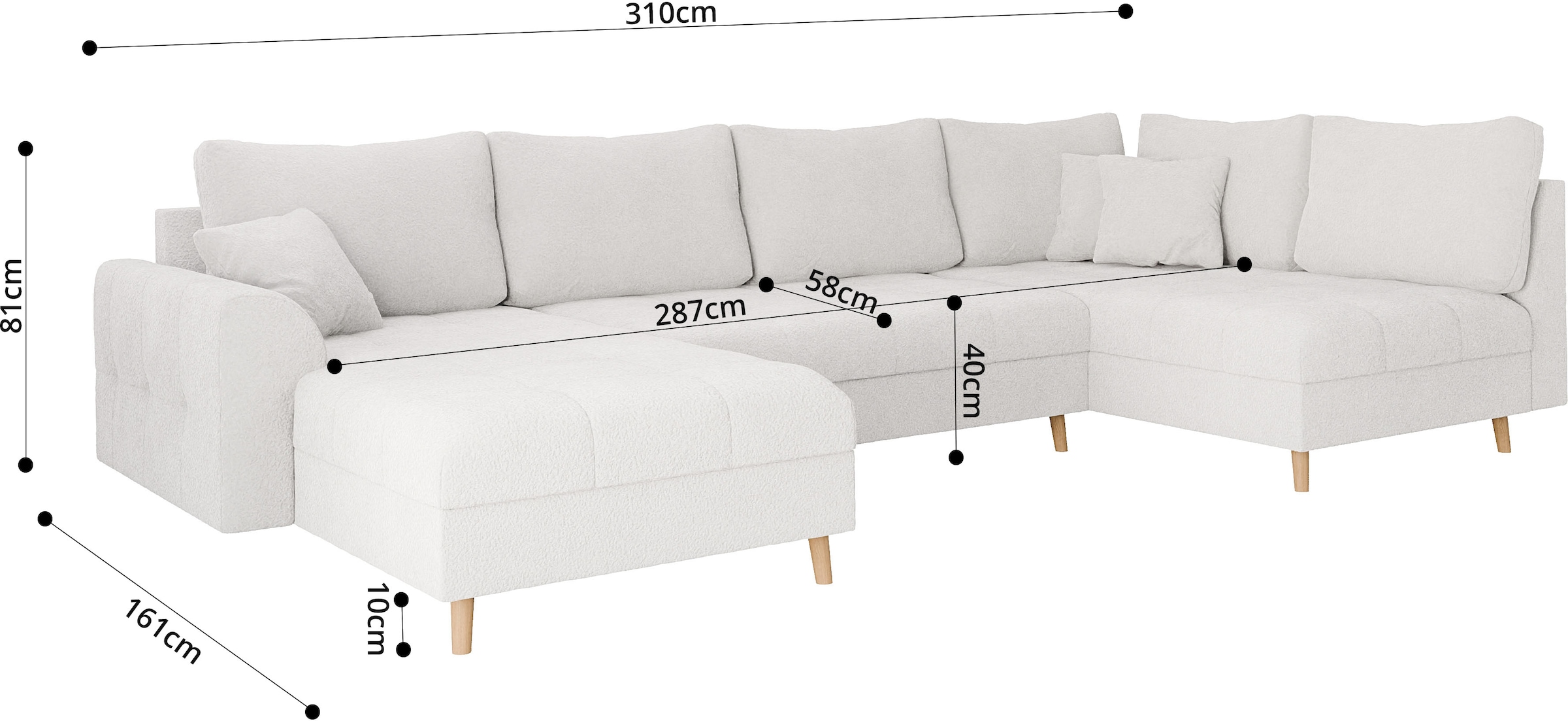 Home affaire Wohnlandschaft »CHARRE U-Form mit Ottomane, Maße B/T/H: 310/161/81 cm«, feine Steppung, lose Rücken- und Zierkissen, auch in Cord und Bouclé