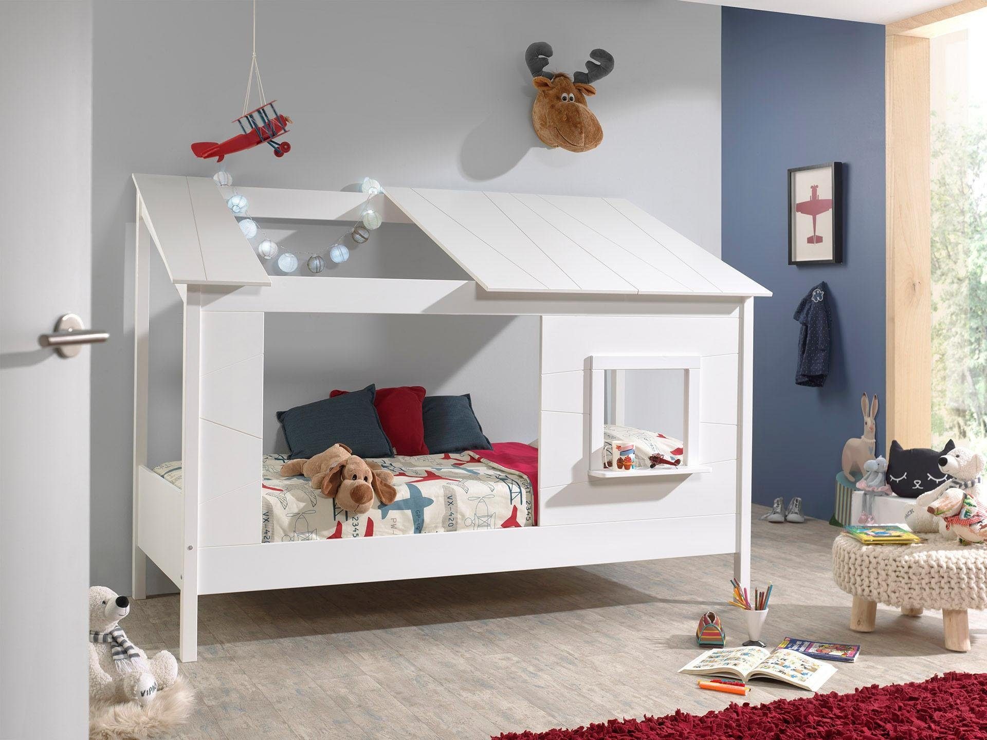 Vipack Kinderbett "Hausbett, aus MDF und Massivholz weiß lackiert, inkl. Fe günstig online kaufen