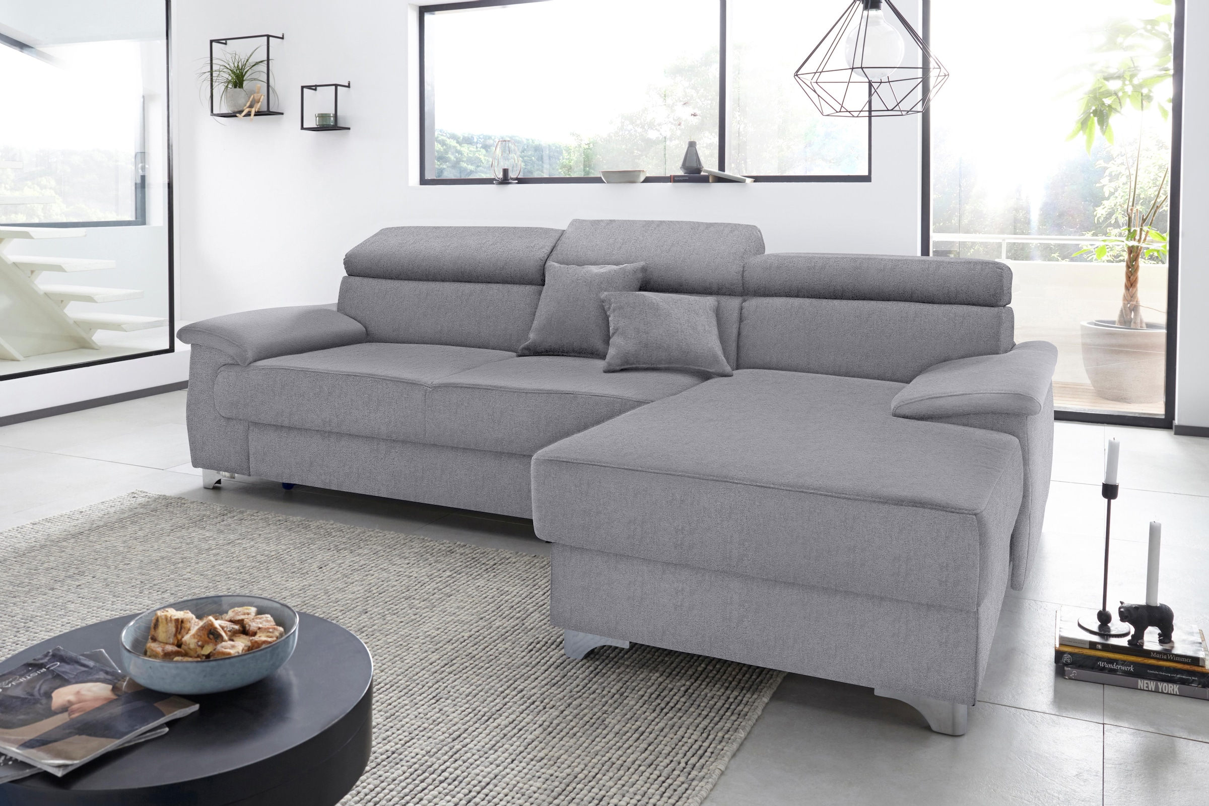 DOMO collection Ecksofa »Mira, inklusive Kopfteilverstellung für mehr Wohlfühlkomfort, L-Form«, wahlweise mit Bettfunktion und Bettkasten, elegant und modern