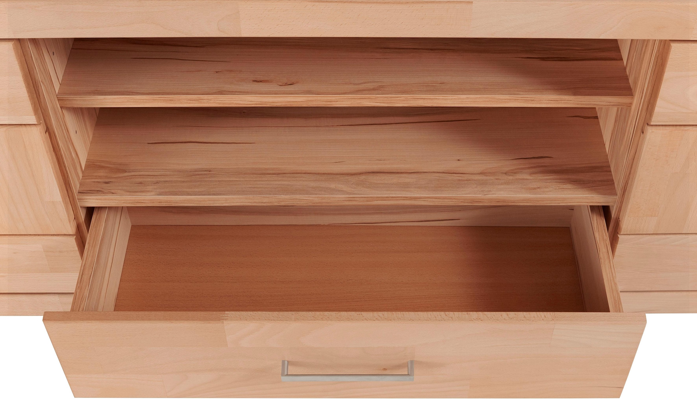 Home affaire Lowboard »Ribe,160cm breit, Fronten Massivholz,6 Fächer,Kabeldurchführung«, Korpus Holzwerkstoff,Glaseinsatz aus gehärtetem Glas,Böden versetzbar