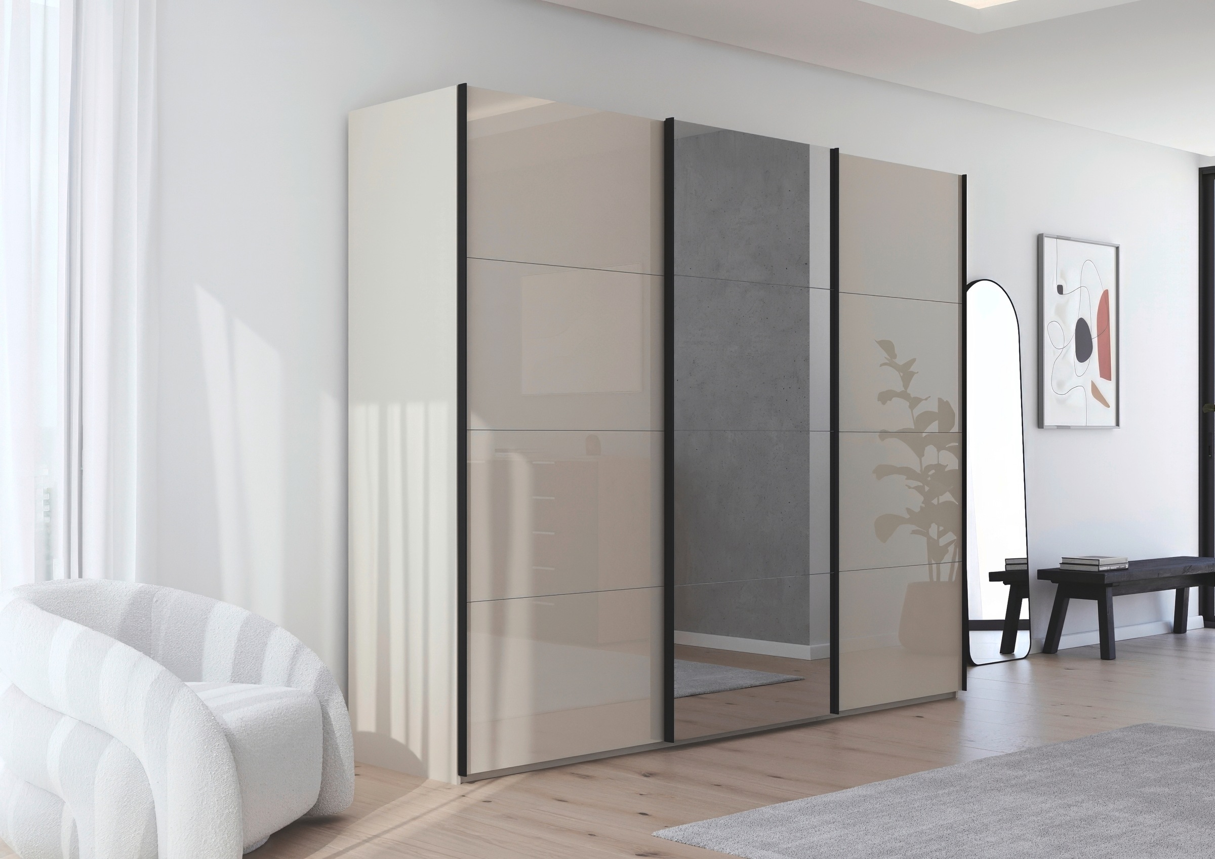 rauch Schwebetürenschrank »Kleiderschrank Schrank Garderobe Schlafzimmerschrank SCALE-FYRA«, edle viergeteilte Türen Spiegel/Glas-Mix viele Farben MADE IN GERMANY