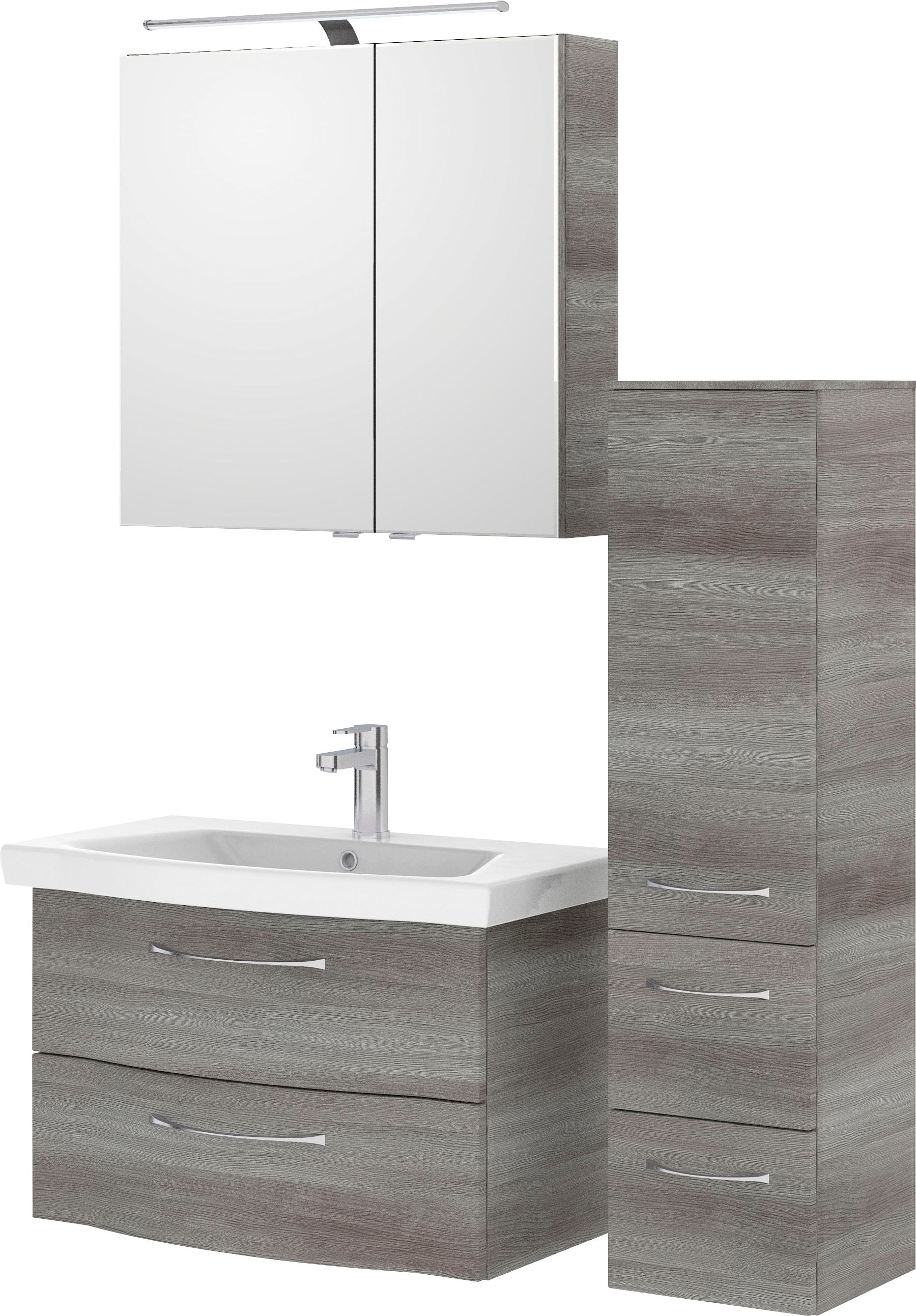 Saphir Badmöbel-Set »6005 Sprint 3-teilig, Keramik-Waschtisch mit LED-Spiegelschrank«, (4 St.), Midischrank, inkl. Türdämpfer, 3 Türen, 4 Schubladen, Bad-Set