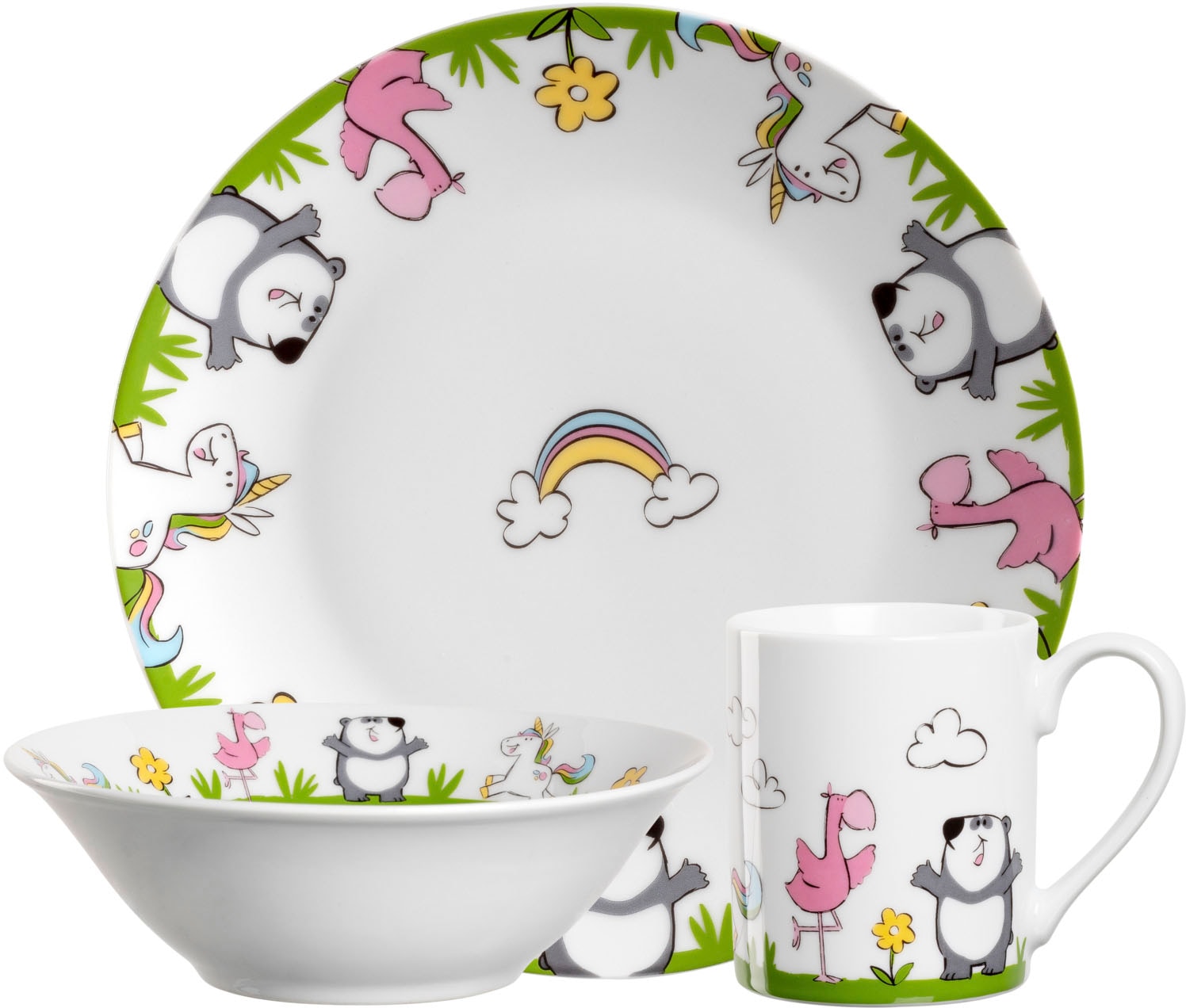 Kindergeschirr-Set »BAMBINI«, (Set, 3 tlg.), Einhorn/Panda/Flamingo