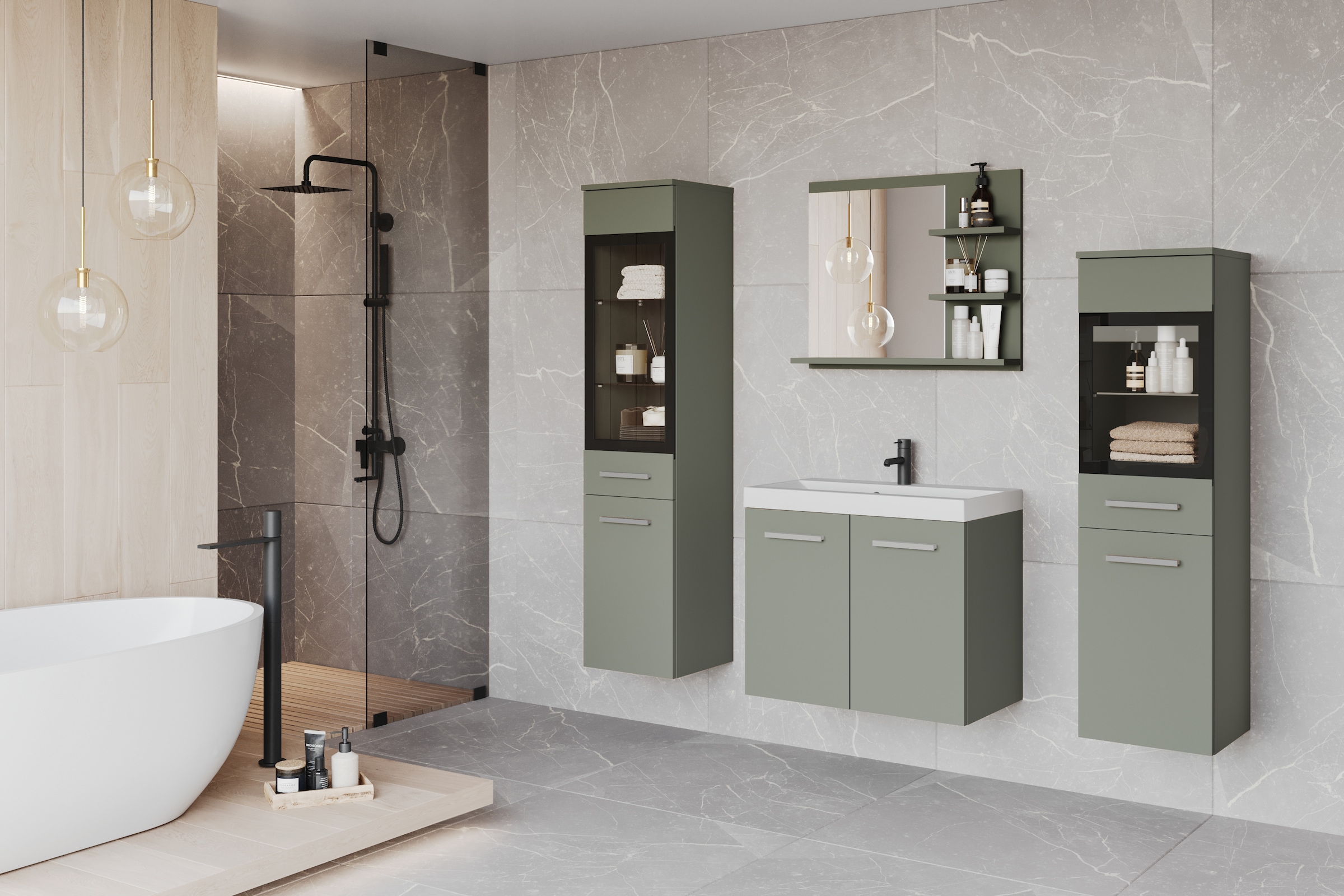 welltime Badmöbel-Set »MADRIT«, (Komplett-Set, 5 St., mit Waschbecken), Waschtisch inkl. Waschbecken, Badschrank, Hochschrank, Spiegel