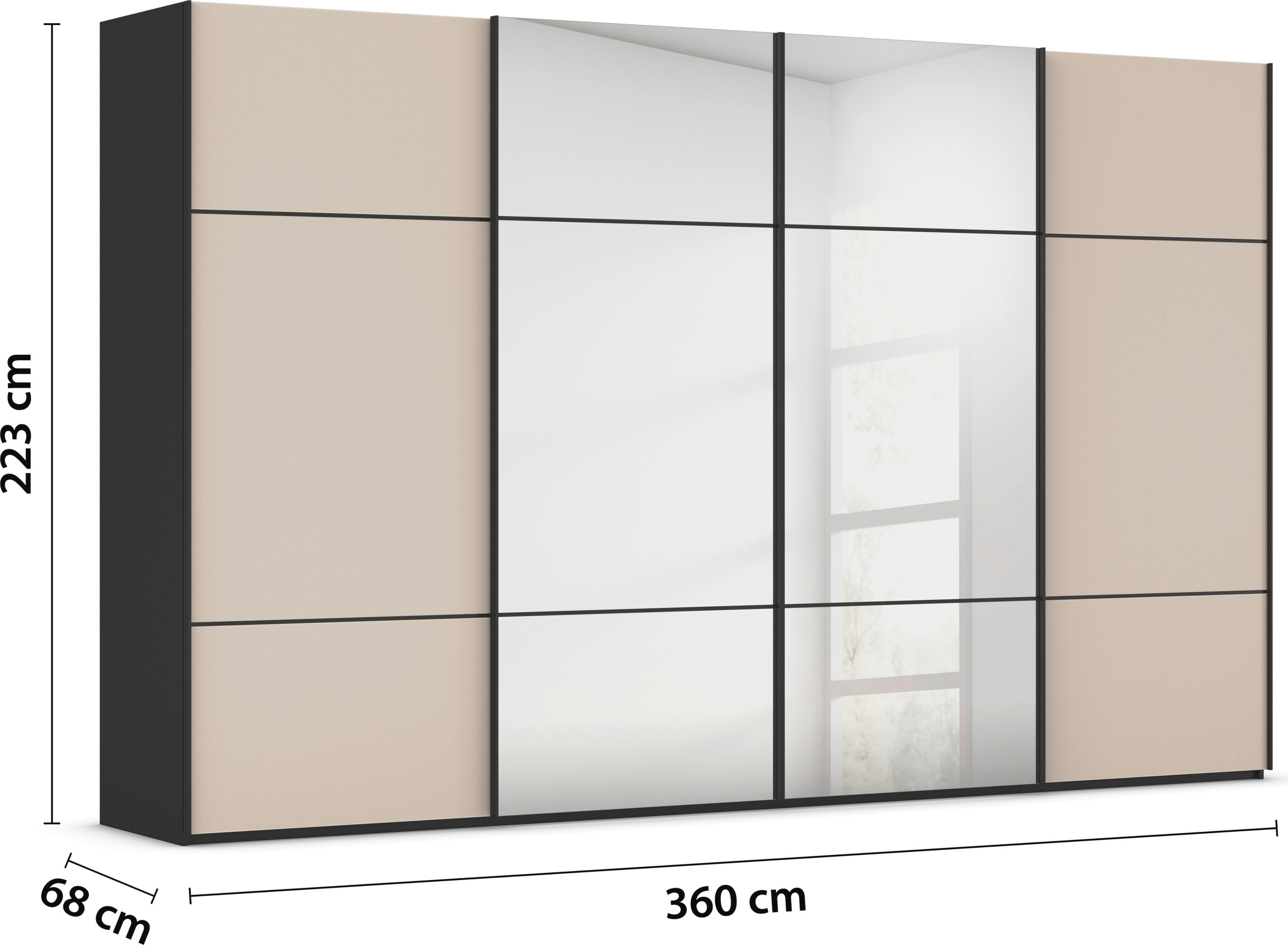 rauch Schwebetürenschrank »Kleiderschrank Schrank Garderobe Schlafzimmerschrank SCALE-TRIO«, edle dreigeteilte Front mit 2 Zierleisten Spiegel/Glas MADE IN GERMANY