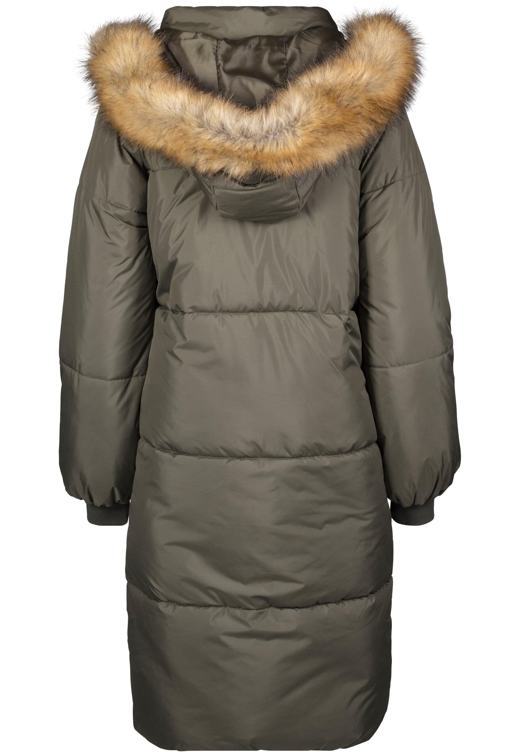 URBAN CLASSICS Winterjacke »Urban Classics Damen Ladies Oversize Faux Fur Puffer Coat« 1 Stk. tlg. mit Kapuze