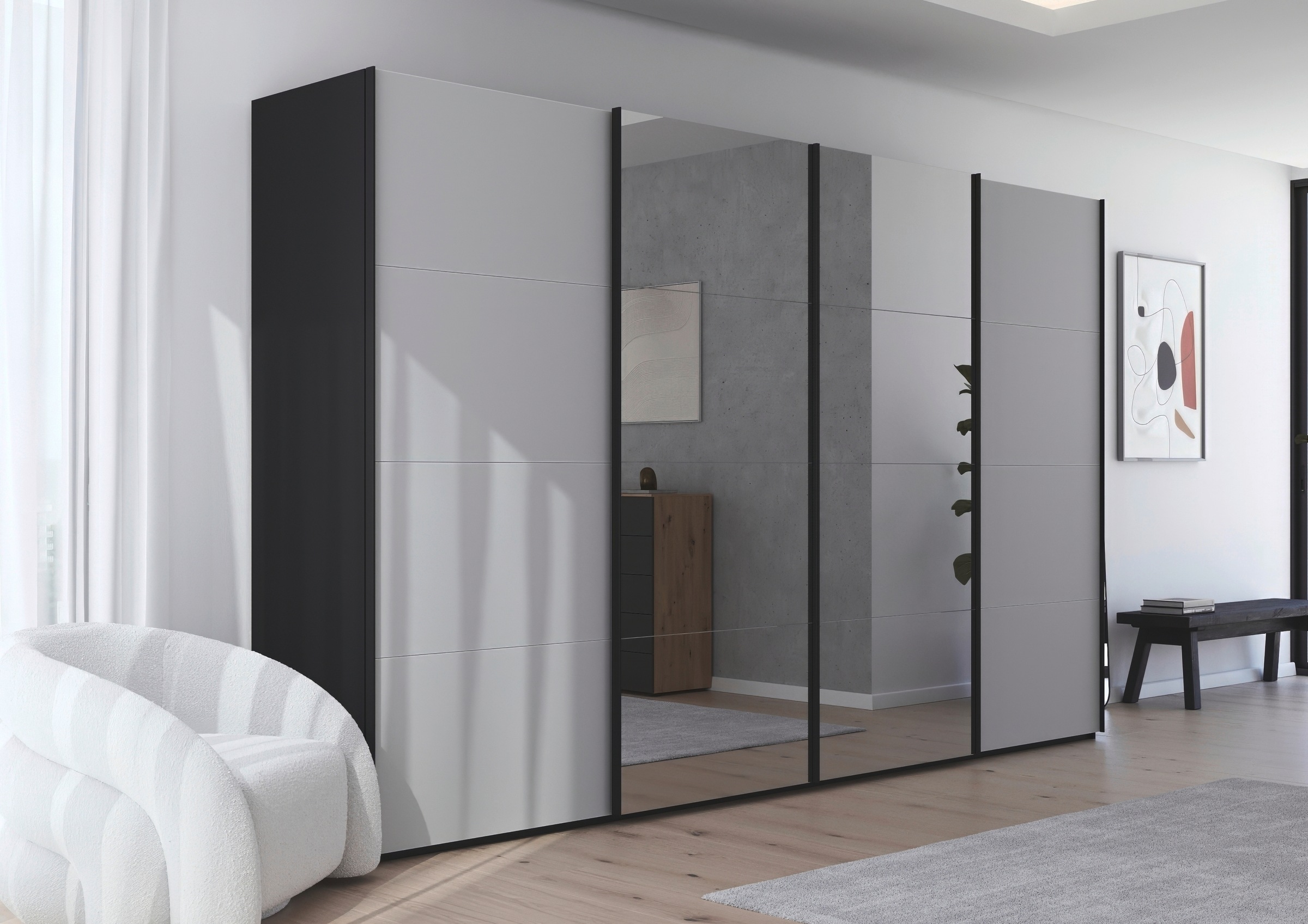 rauch Schwebetürenschrank »Kleiderschrank Schrank Garderobe Schlafzimmerschrank SCALE-FYRA«, edle viergeteilte Türen Spiegel/Glas-Mix viele Farben MADE IN GERMANY