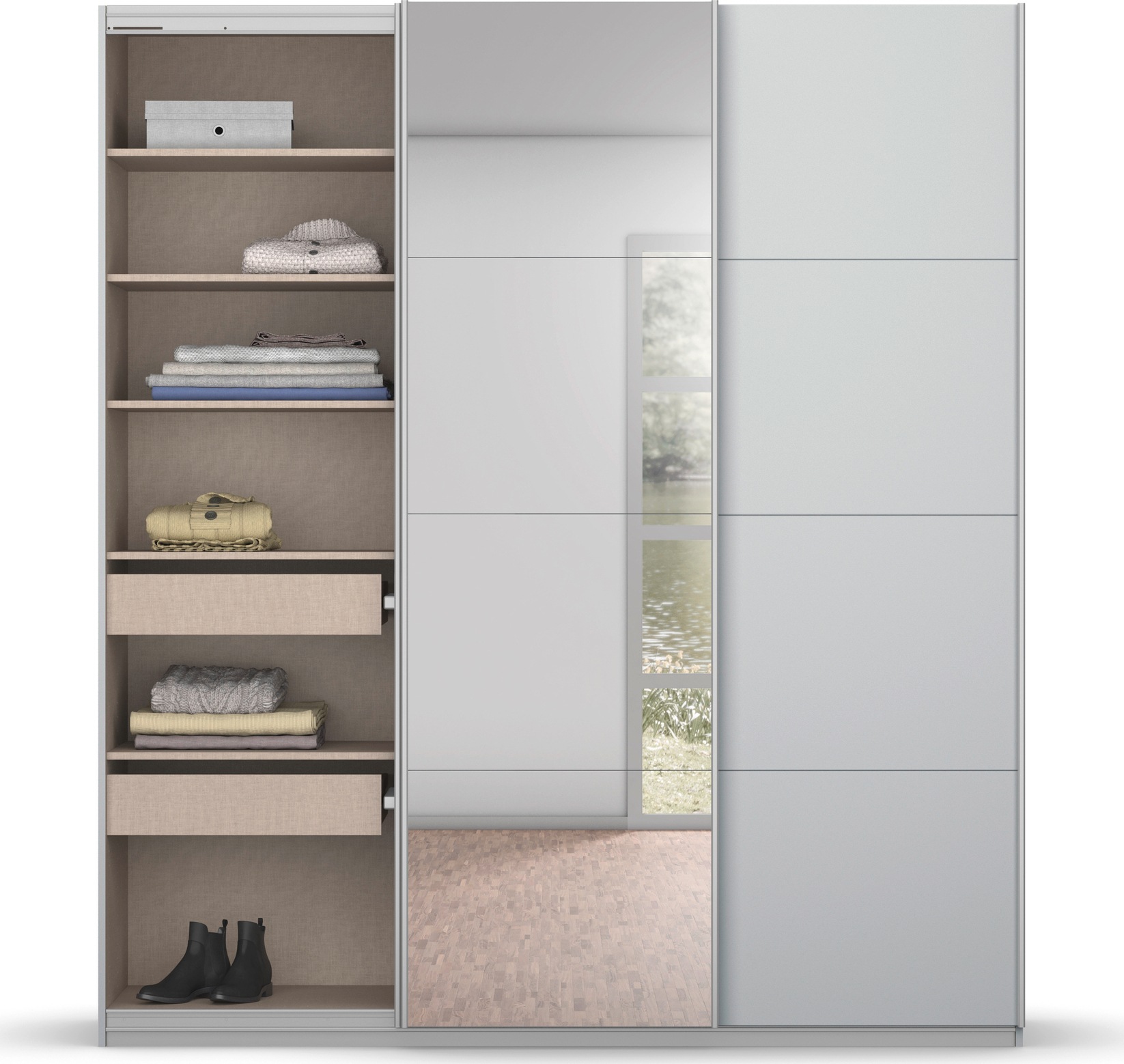 rauch Schwebetürenschrank »Kleiderschrank Schrank Garderobe KOLUNA mit Glastüren und Spiegel«, inkl. 2 Innenschubladen sowie extra Einlegeböden MADE IN GERMANY
