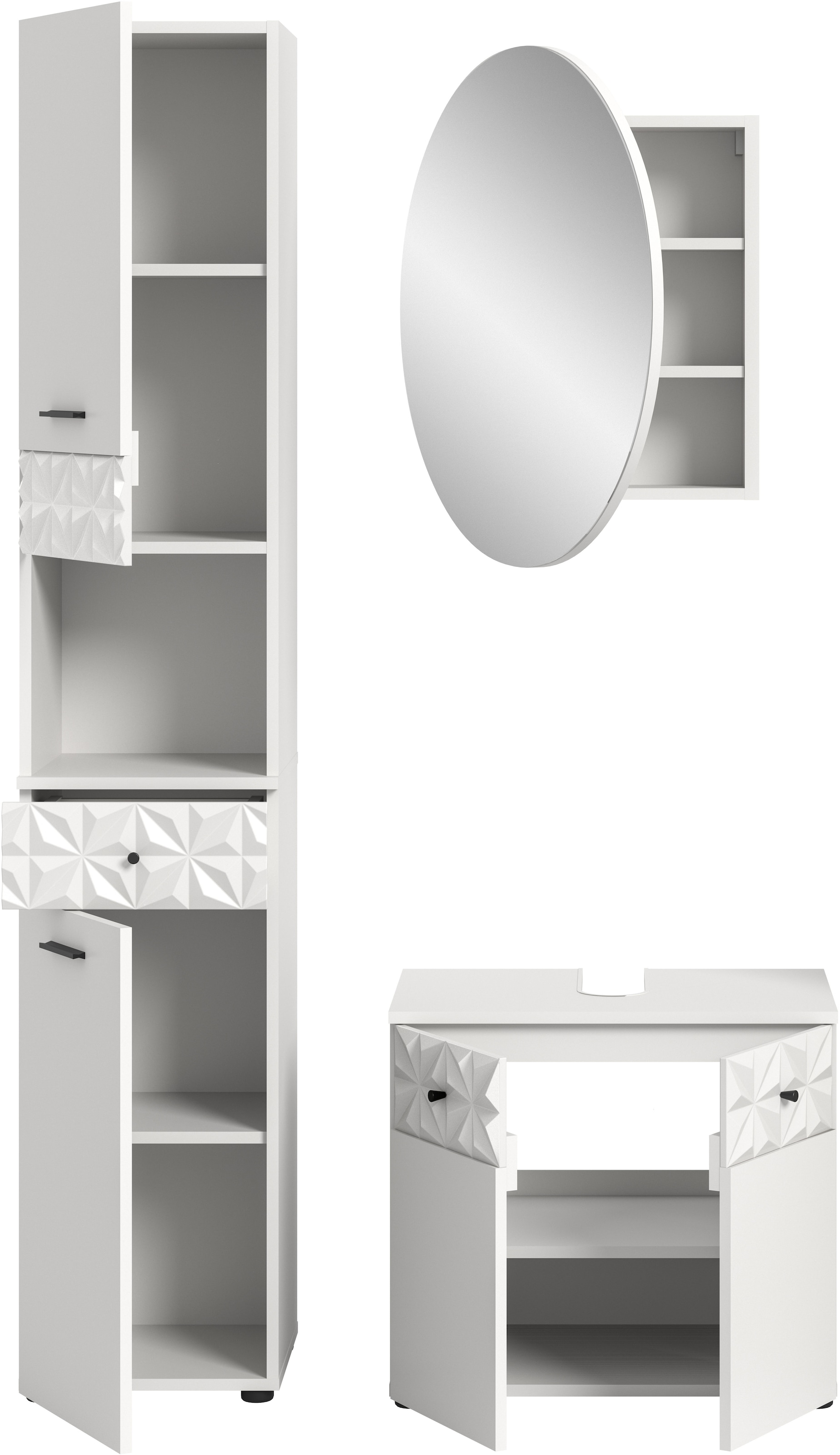 INOSIGN Badezimmer-Set »VICENZA, TOPSELLER!, Breite 110cm, 3-teilig, mit Ornamentabsetzung«, (best. aus: Hochschrank, Waschbeckenunterschrank und Spiegelschrank), Hochschrank, Waschbeckenunterschrank und Spiegelschrank