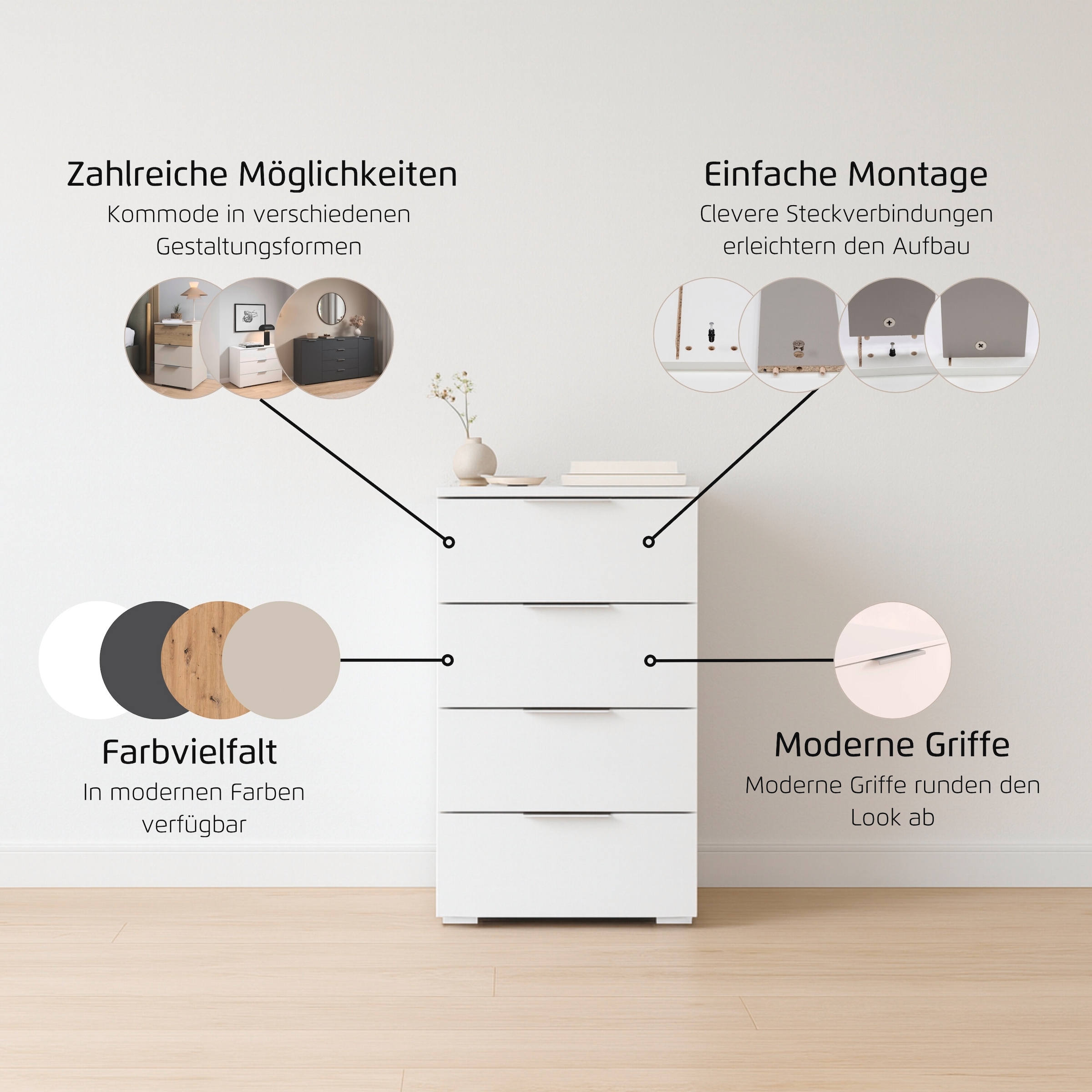 rauch Schubkastenkommode »Highboard Sideboard Schubladenkommode Kommode ASTANA« Breite 40 cm / Höhe 81 cm,  mit 4 geräumigen Schubladen, Kantengriff in Alufarben MADE IN GERMANY