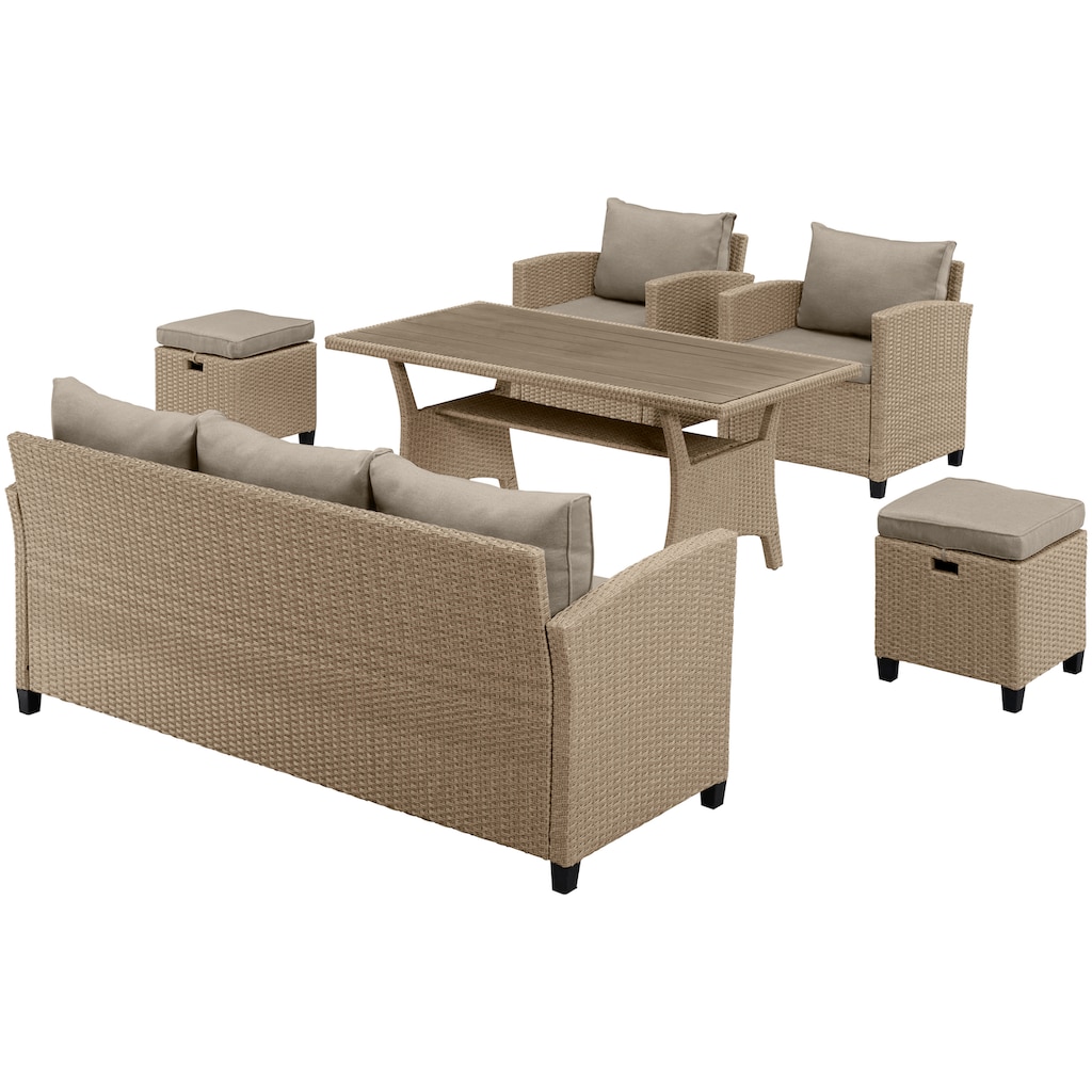 KONIFERA Gartenlounge-Set »Amsterdam«, (Set, 16 tlg., 1x 3er Sofa, 1x 2 Sessel, 2x Hocker, 1xTisch 144,5x74x67cm,Polyrattan), Stahl, Ablagefläche unter dem Tisch, Diningset, Loungeset