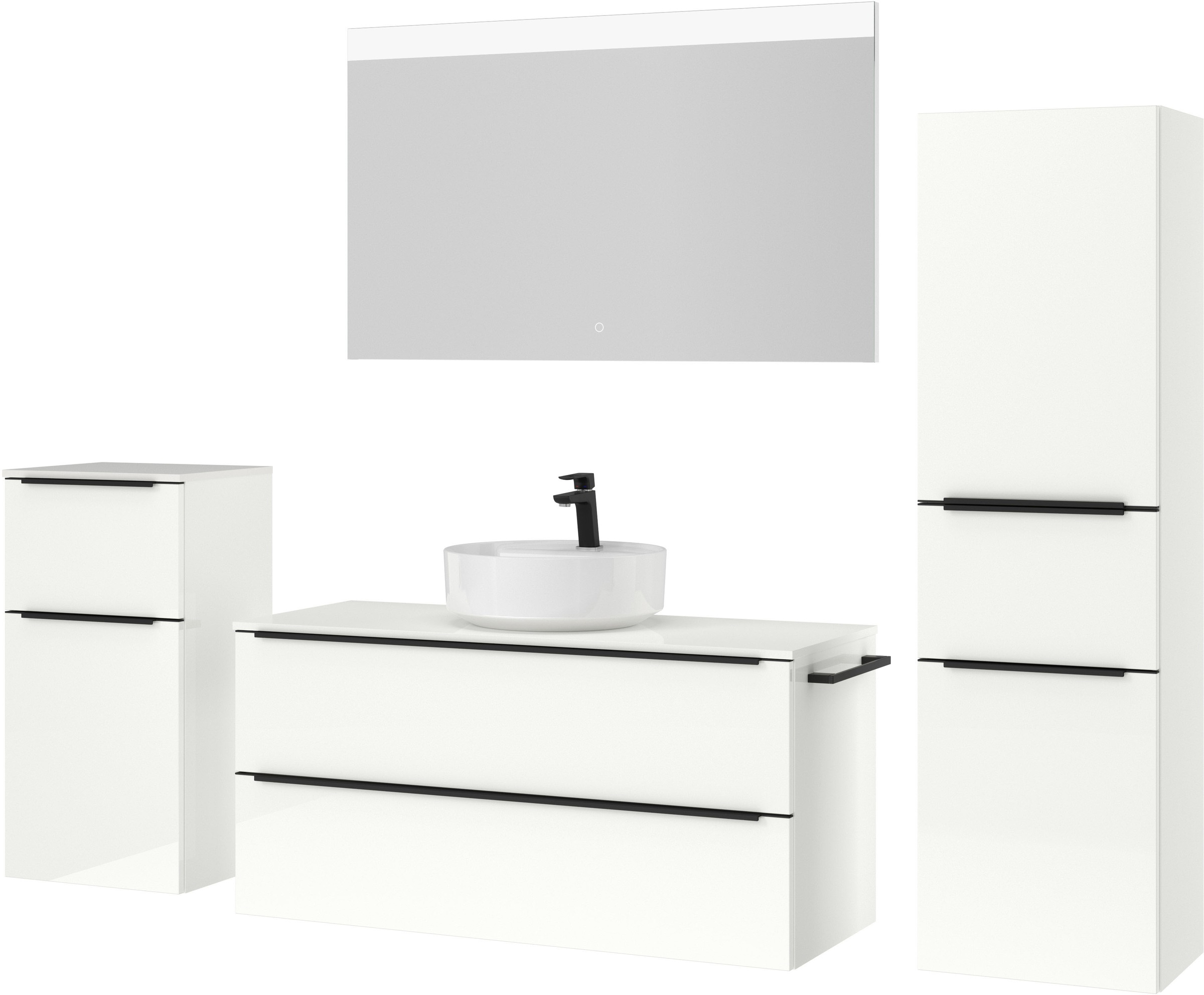 nobilia® Badmöbel-Set »Alvene«, (4 St., vormontiert, mit Soft-Close), Hochglanz, inkl. Spiegel mit Touch-Sensor, in vier Breiten