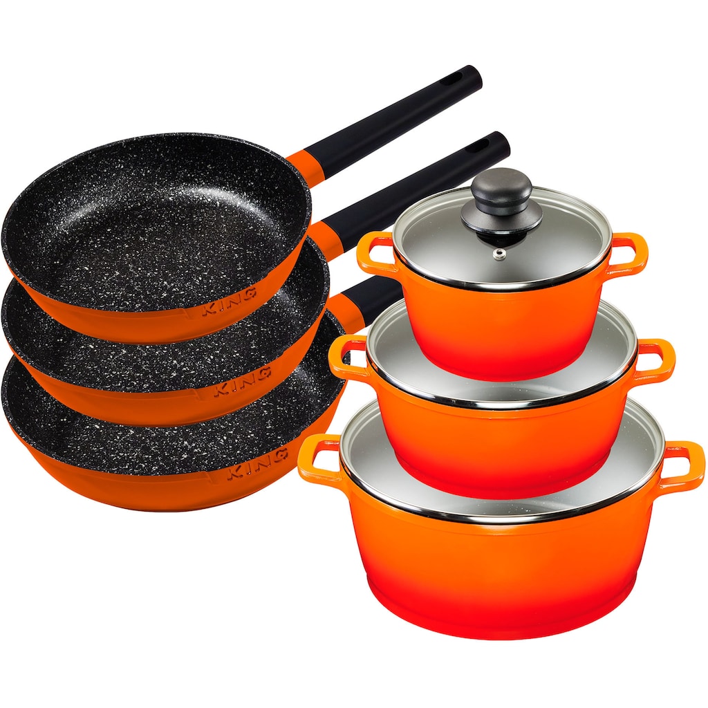 KING Topf-Set »Shine Orange«, Aluminiumguss, (Set, 9 tlg., je 1 Kochtopf mit Deckel 18 /20/24 cm, je 1 Bratpfanne 20/24/28 cm)