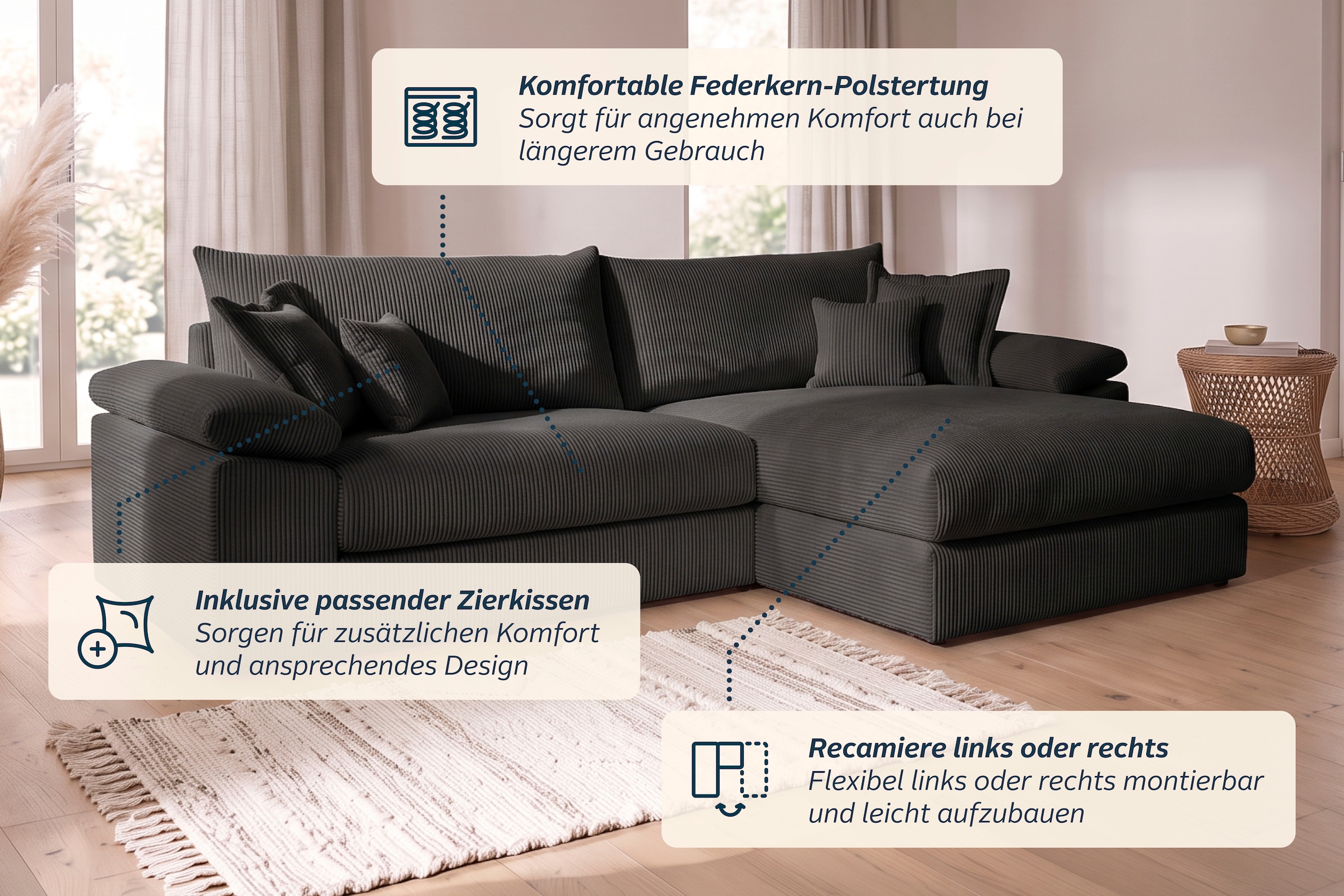Home affaire Ecksofa »Soft&Cosy XXL L-Form, B: 303 cm - OTTO. Verlässliche Qualität.« Mega-Sofa, Cord oder Chenille-Struktur, mit Federkern & 4 Zierkissen