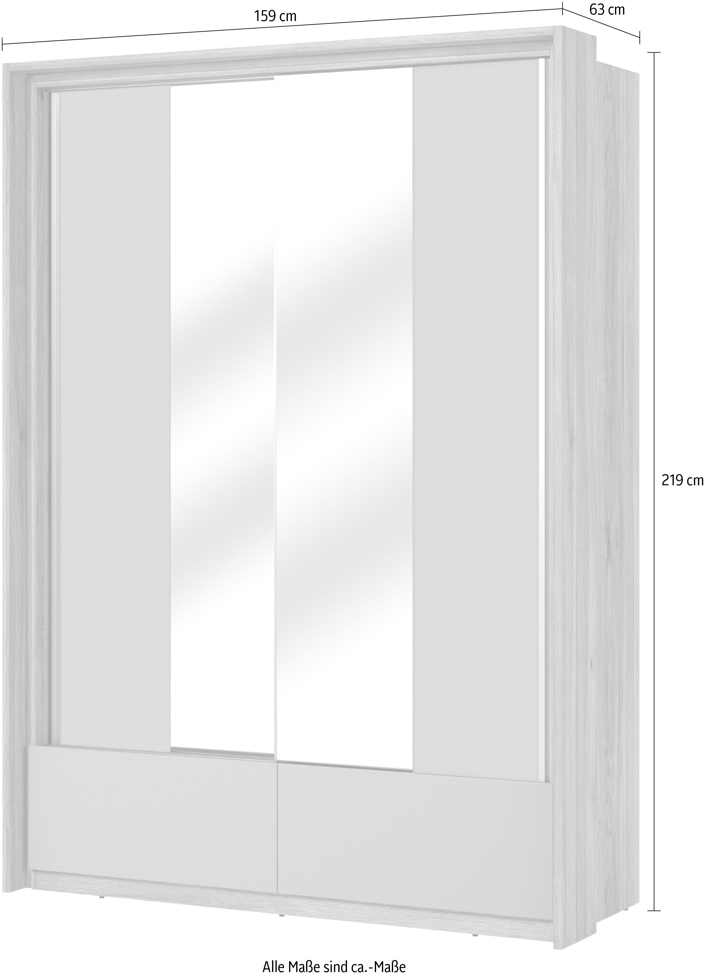INOSIGN Schwebetürenschrank »Wharton, Breite 159 oder 209 cm, Kleiderschrank incl. Innenausstattung«, Wäscheschrank, 2 Schubkästen, 2 Spiegel, Metallgriffe, Garderobe