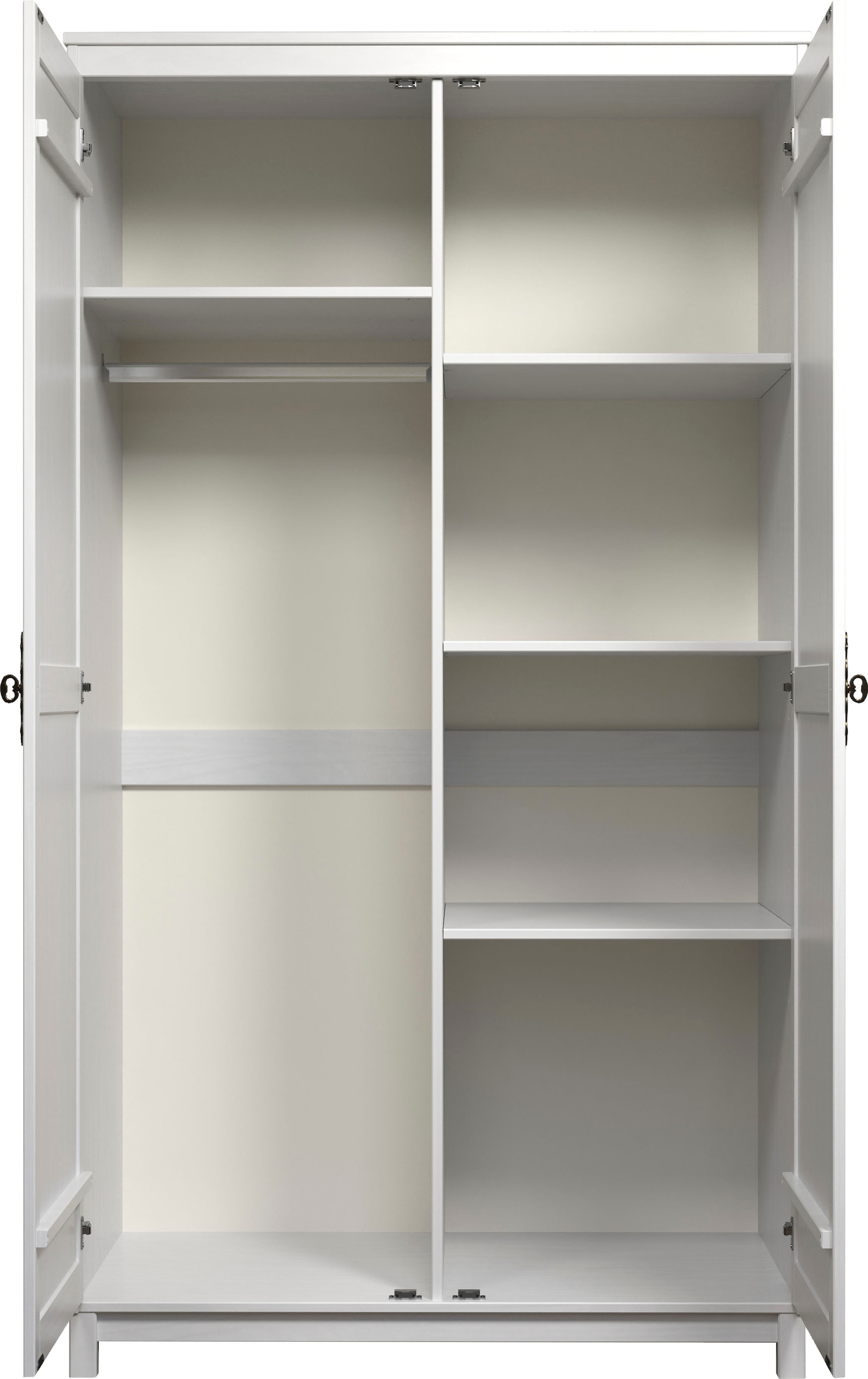 Home affaire Kleiderschrank »Sandnes Kieferschrank Schlafzimmer Schrank TOPSELLER weiß«, (1 St., natürlicher Landhaus-Look B/T/H = 108x60x194cm), Massivholz Schlafzimmerschrank mit besonderen Metallgriffen