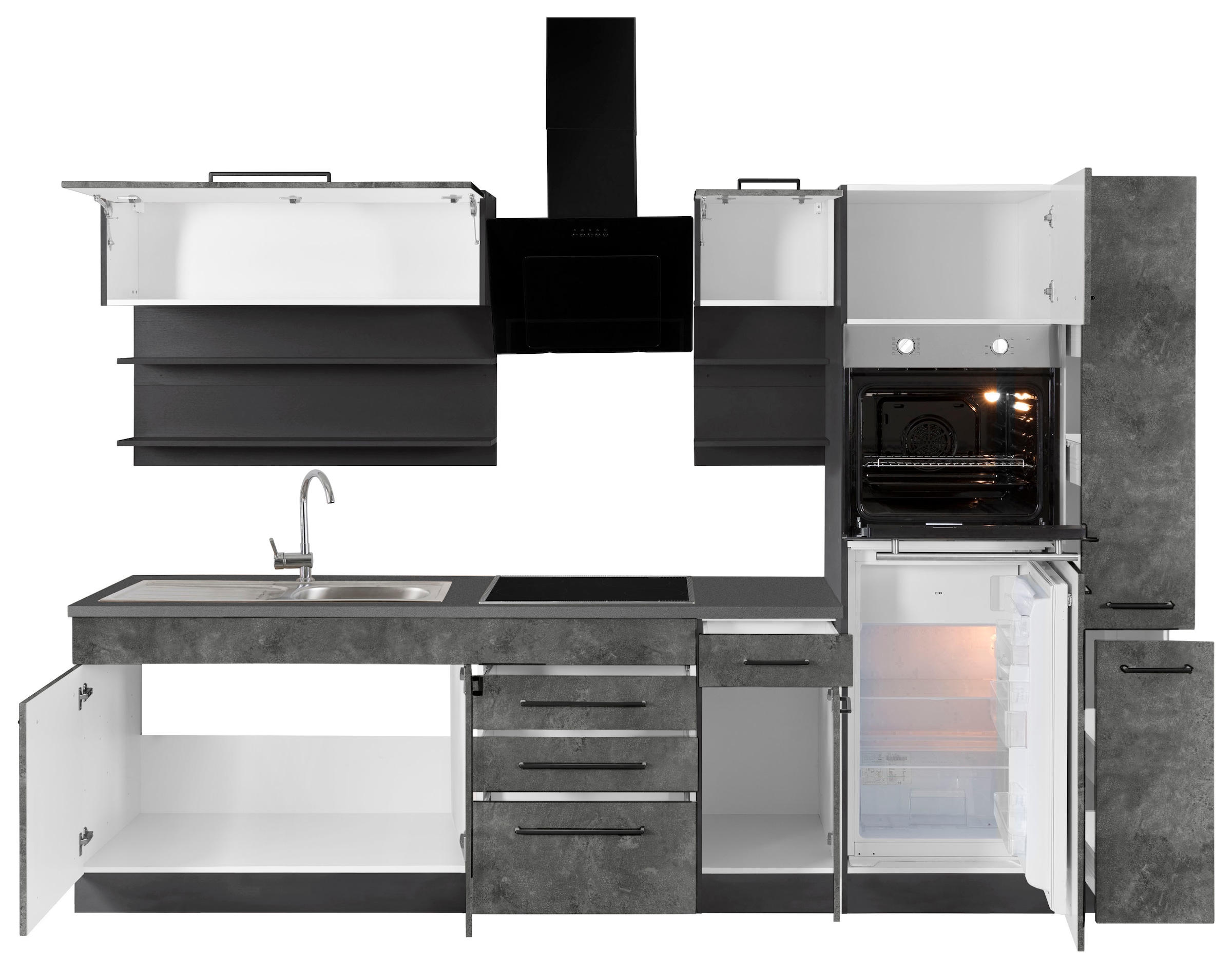 KOCHSTATION Küchenzeile »KS-Tulsa«, ohne E-Geräte, Breite 300 cm, schwarze Metallgriffe, MDF Fronten