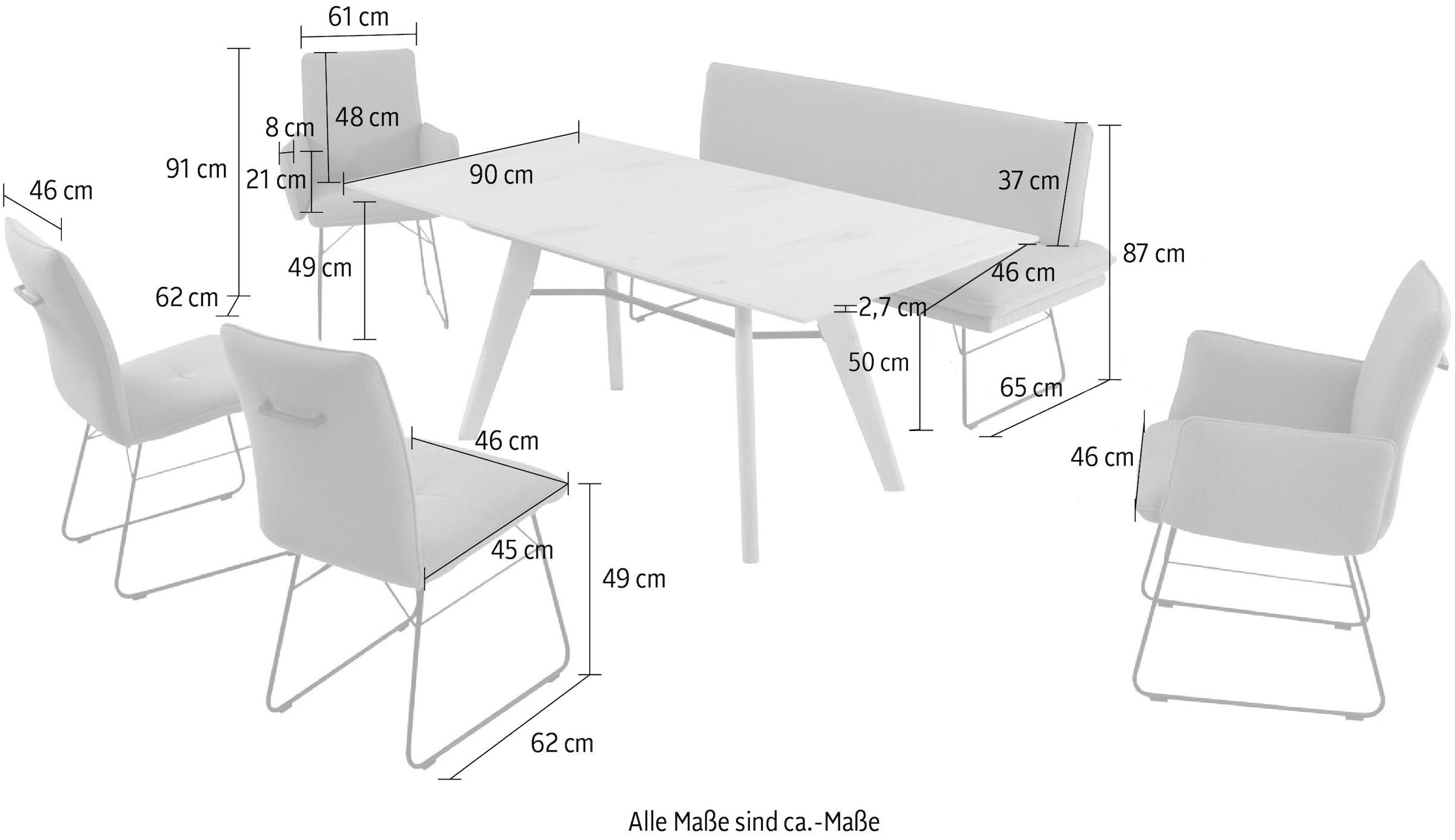 K+W Komfort & Wohnen Essgruppe »Giacomo IV«, (6 tlg.), Polsterbank in 2 Größen, 2 Kufenstühle, 2 Armlehnenstühle und 1 Tisch
