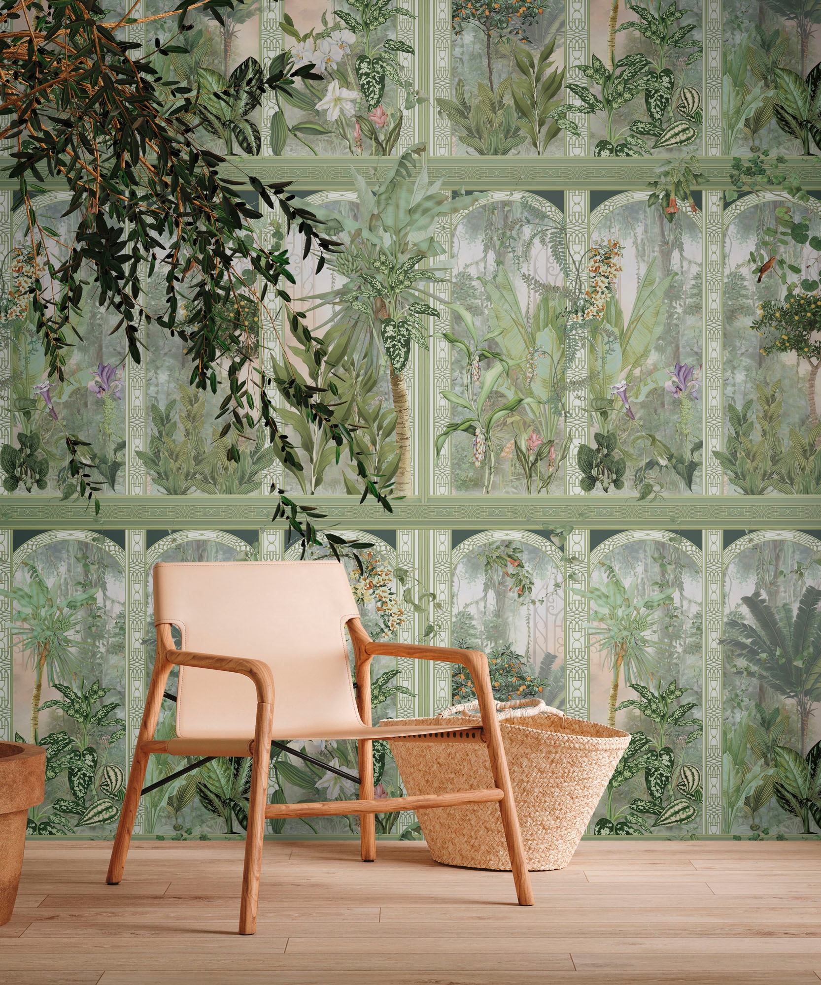 living walls Fototapete »Dschungeltapete Floral«, matt-gemustert-neutral, Fototapete Antik Klassich Pflanzen Tapeten Wohnzimmer Schlafzimmer