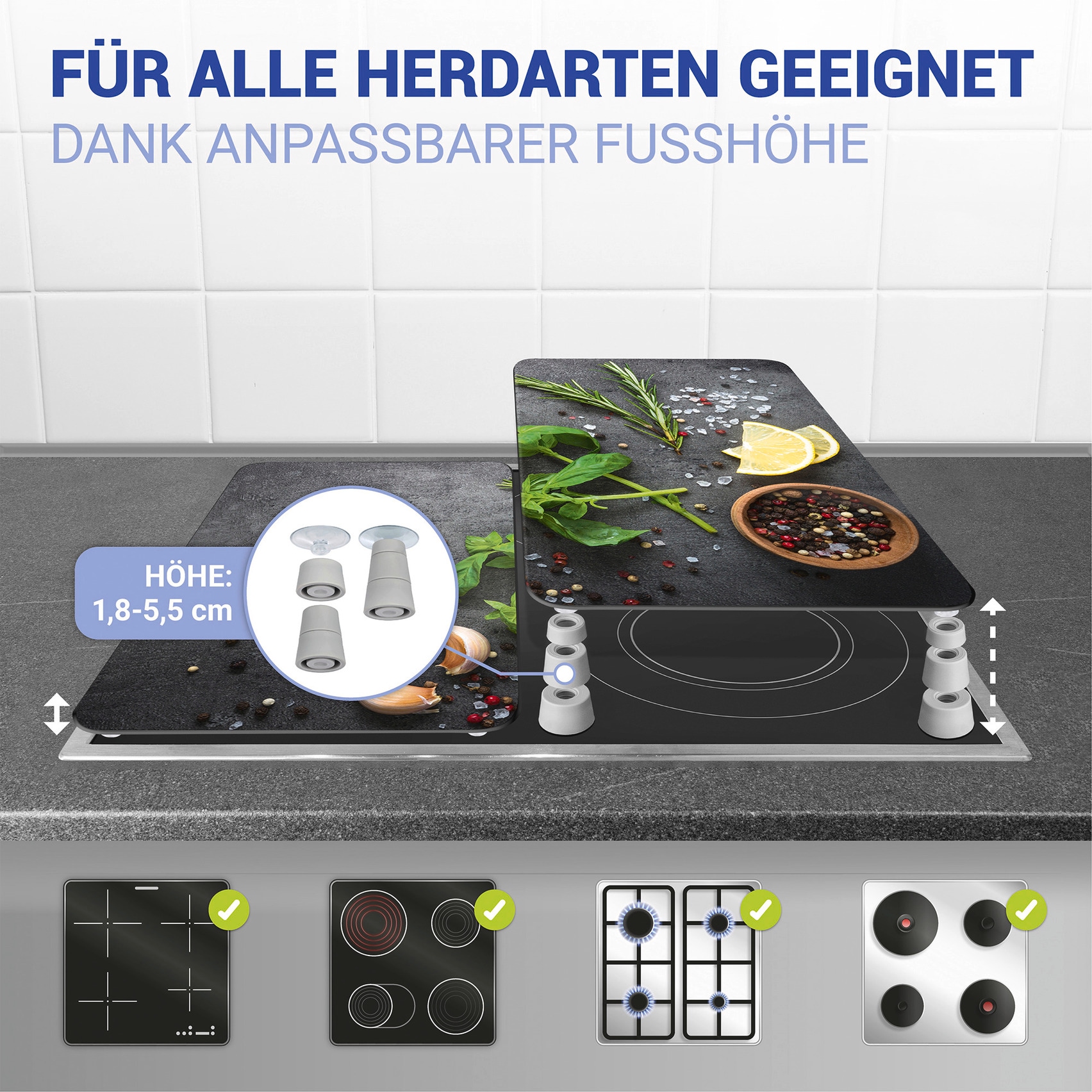WENKO Herd-Abdeckplatte »Universal Modell Kräuter«, (Set, 2 tlg.), Herdabdeckung für alle Herdarten, kratzfest, mit rutschfesten Füßen