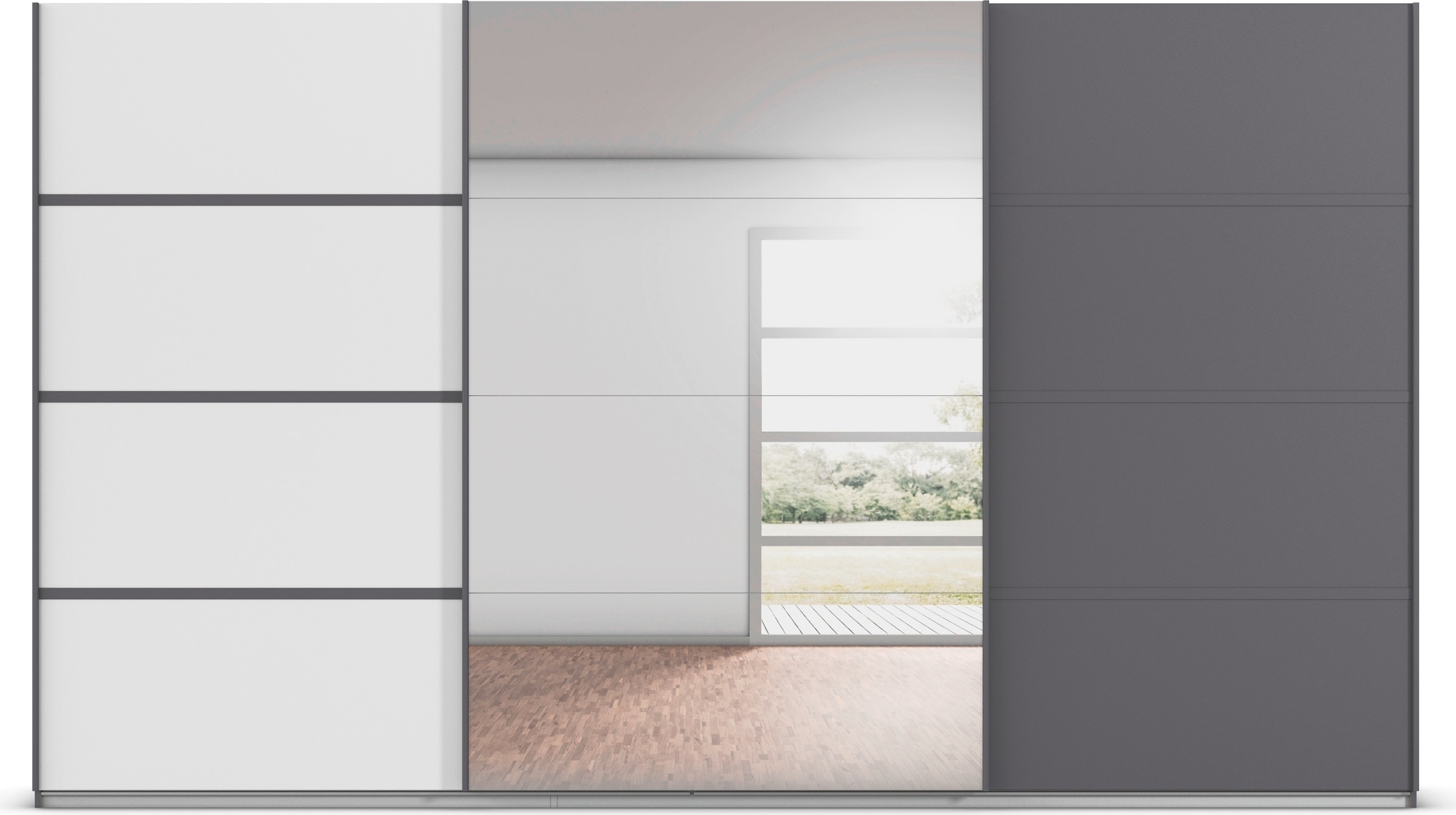 rauch Kleiderschrank »Schwebetürenschrank OTTO´s Choice Garderobe Schrank TOP ANGEBOT Avola«, (in 3 verschiedenen Ausstattungen BASIC/CLASSIC/PREMIUM inkl. Spiegel), mit eleganten Zierleisten in Chrom, Schwarz oder Weiß MADE IN GERMANY