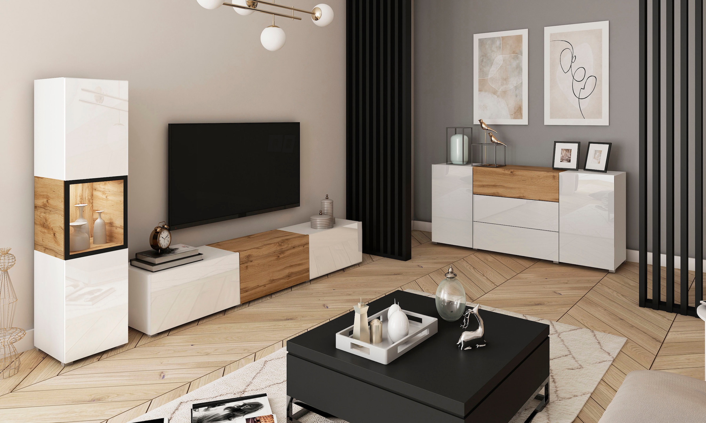 INOSIGN Wohnwand »BERLIN I, Vitrine Türschlag links/rechts wechselbar«, (Komplett-Set, 2 St.), moderne grifflose Mediawand Breite 220 cm, Vitrine mit Verglasung