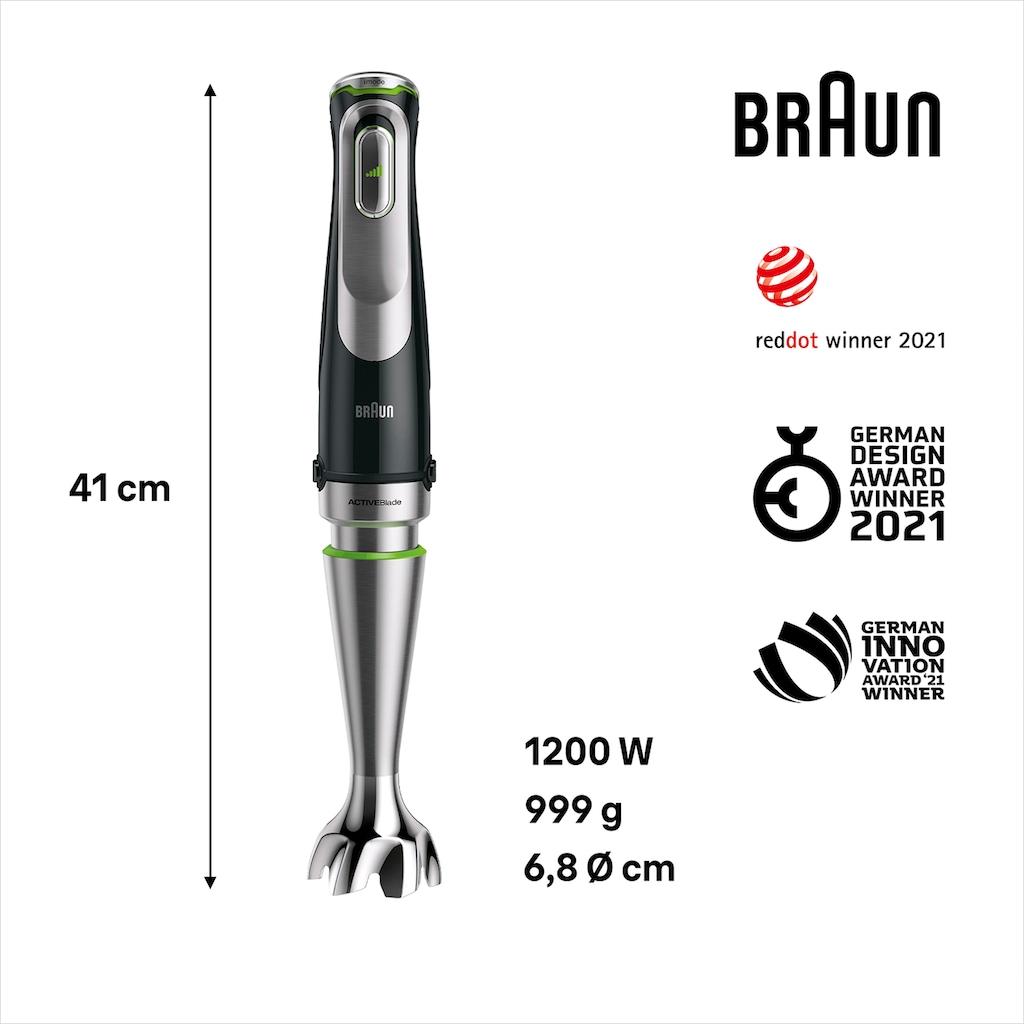 Braun Stabmixer »MQ 9147X MultiQuick 9«, 1200 W, Schneebesen, Mixeraufsatz, Zerkleinerer, Gemüsestampfer, 0,6l Behälter