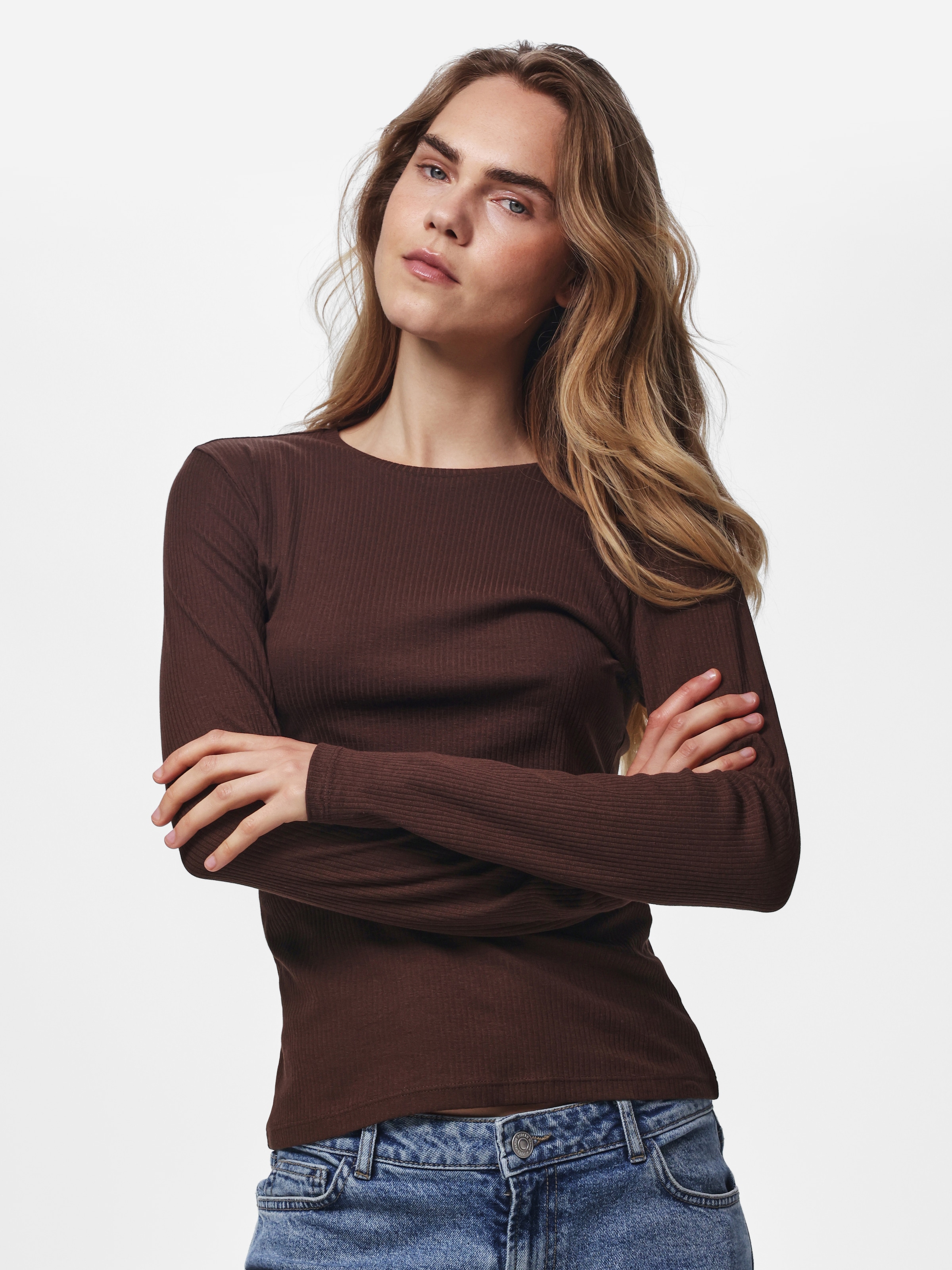 pieces Langarmshirt »PCRUKA LS TOP NOOS BC« Baumwollmischung, slim fit