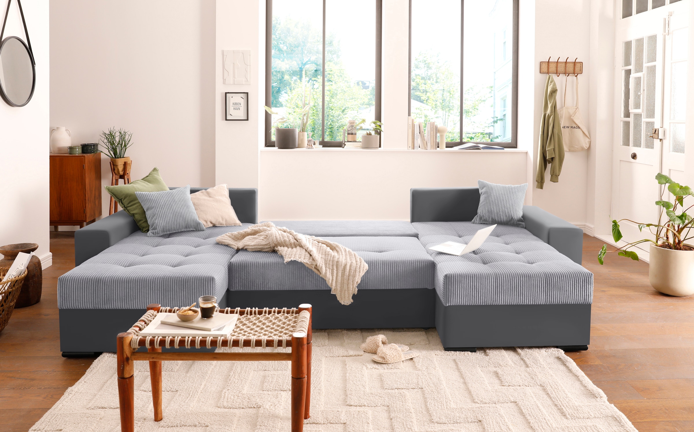 COLLECTION AB Wohnlandschaft »XL-Josy U-Form, Breite 313 cm, Cord-/Mix«, inkl. Bettfunktion, Bettkasten, mit 4 gleich großen Rückenkissen