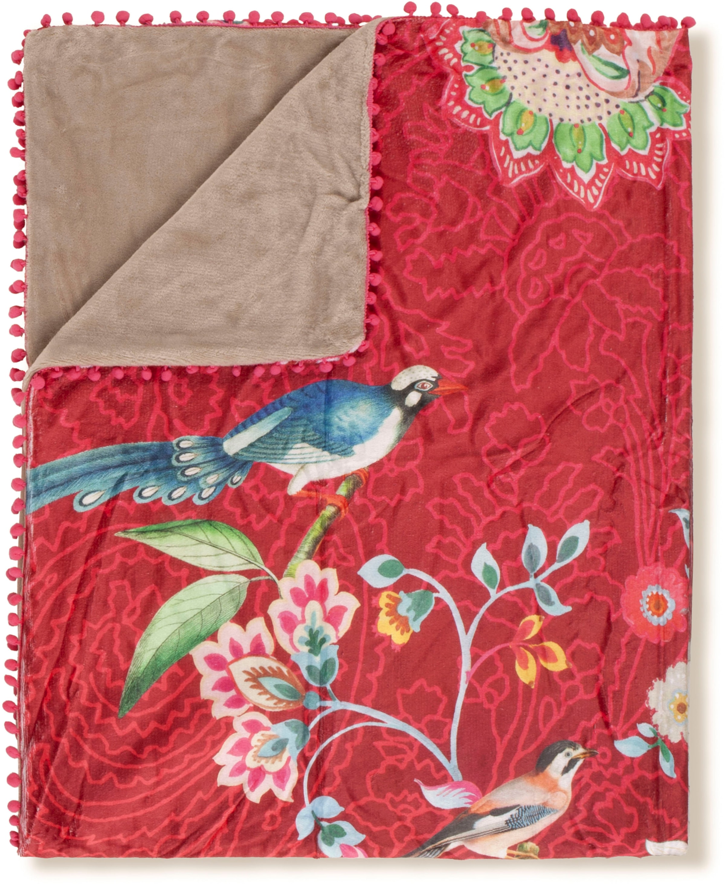 Happiness Plaid »Ming«, Sehr Weich, Kuscheldecke, Mit Pompons, 130x160 cm, Wendeoptik, Blumen