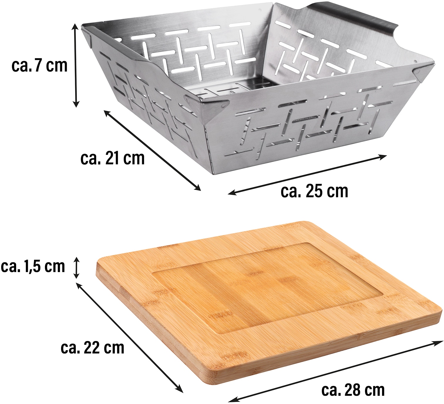 FREYERSBACHER Grillschale Edelstahl Set, mit Holzuntersetzer, 2 Stk. tlg. für alle Grillarten, sowie für den Backofen geeignet