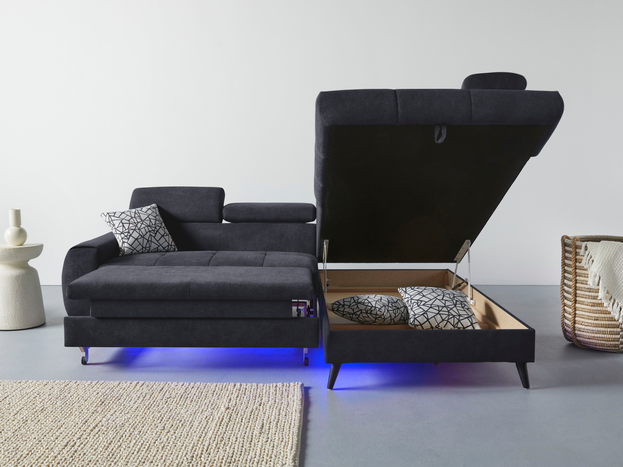 COTTA Ecksofa »Mia L-Form mit 3 Zierkissen«, wahlweise mit Bettfunktion, Bettkasten, Beleuchtung & Wireless-Charger