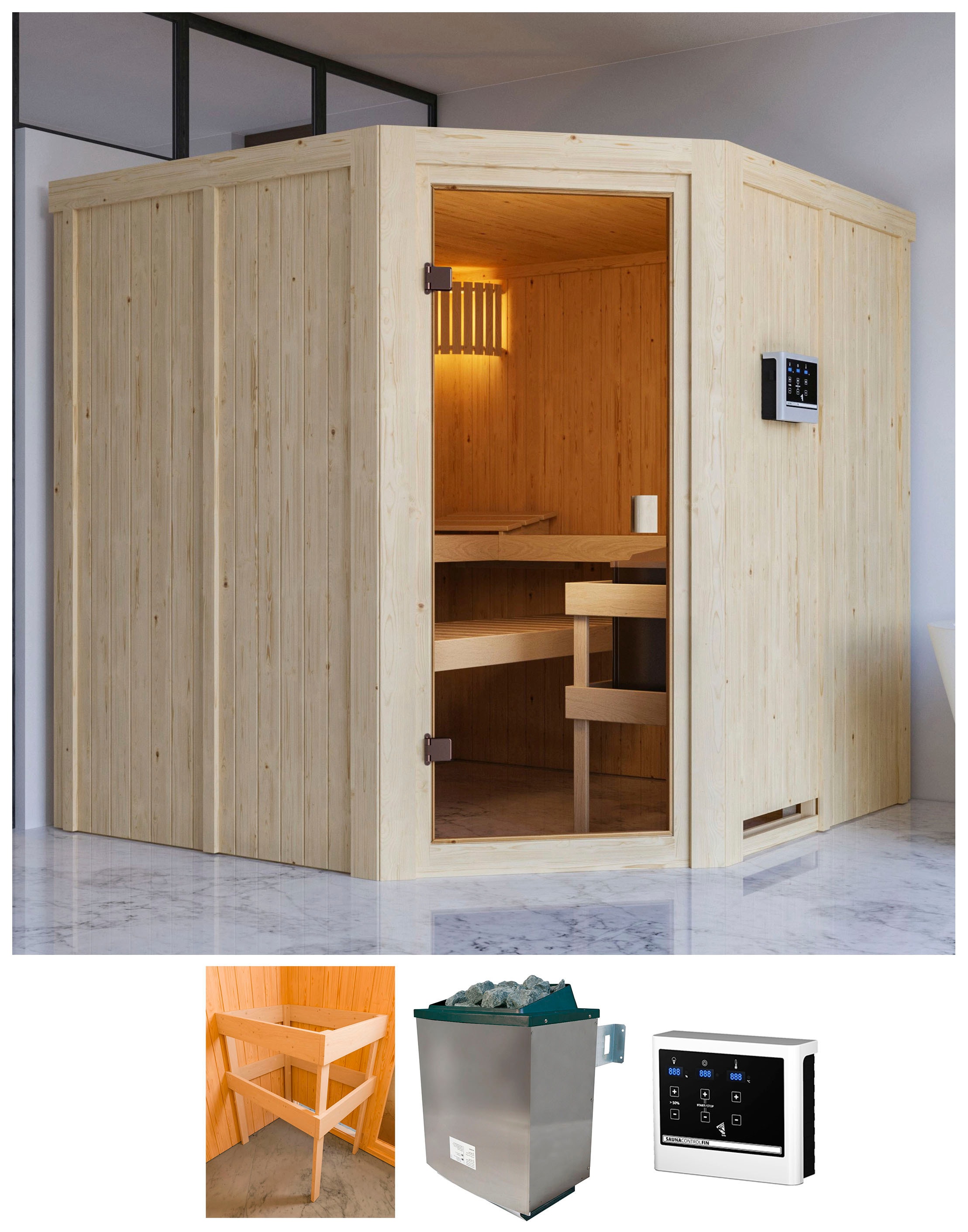 Karibu Sauna »Kotka« mit Ofen 9 kW ext. Strg. günstig online kaufen