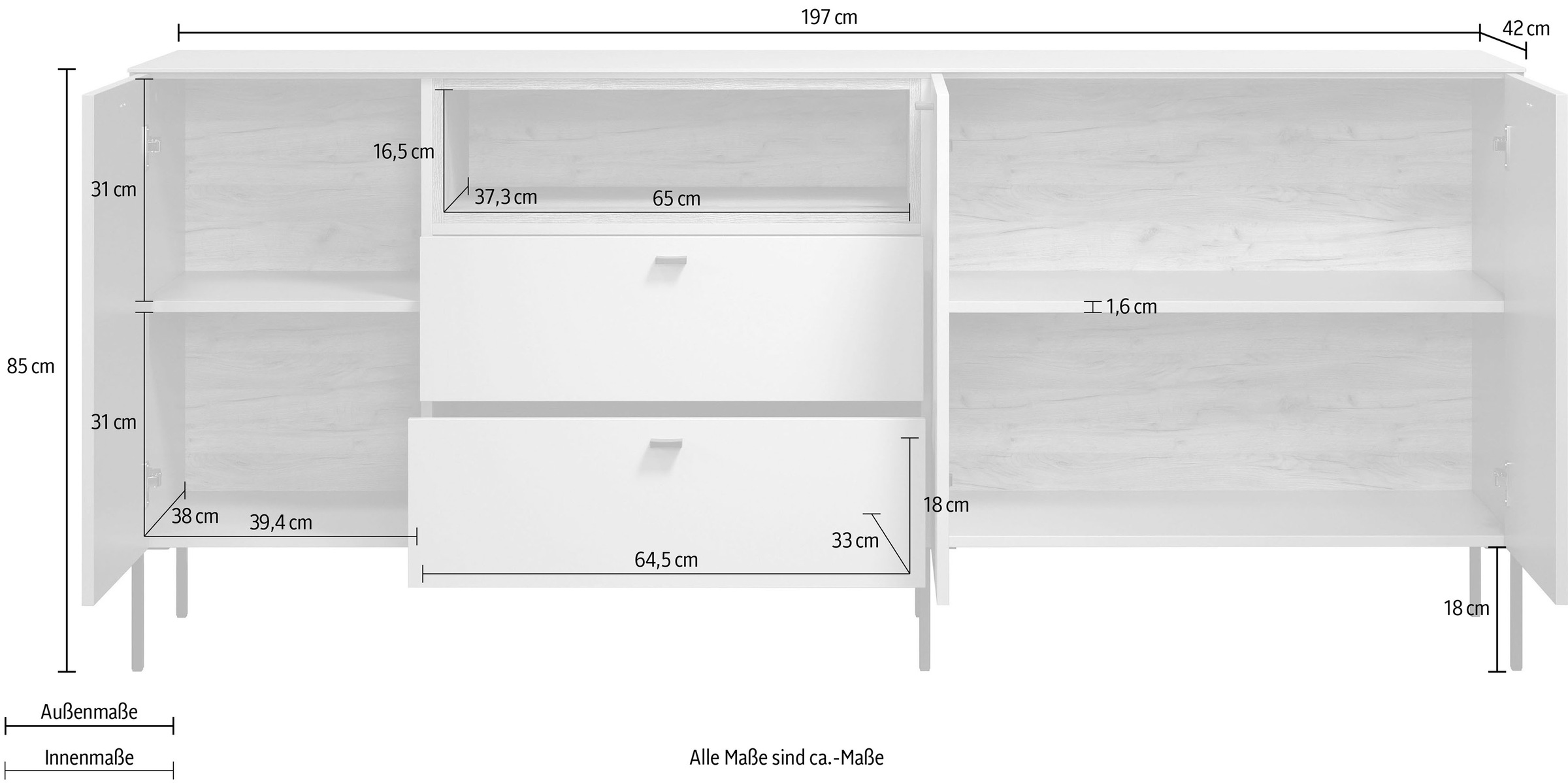Places of Style Sideboard »San Pedro«, (1 St.), Anrichte mit Griffen und Füßen aus Metall - (B/T/H) 197/42/85 cm