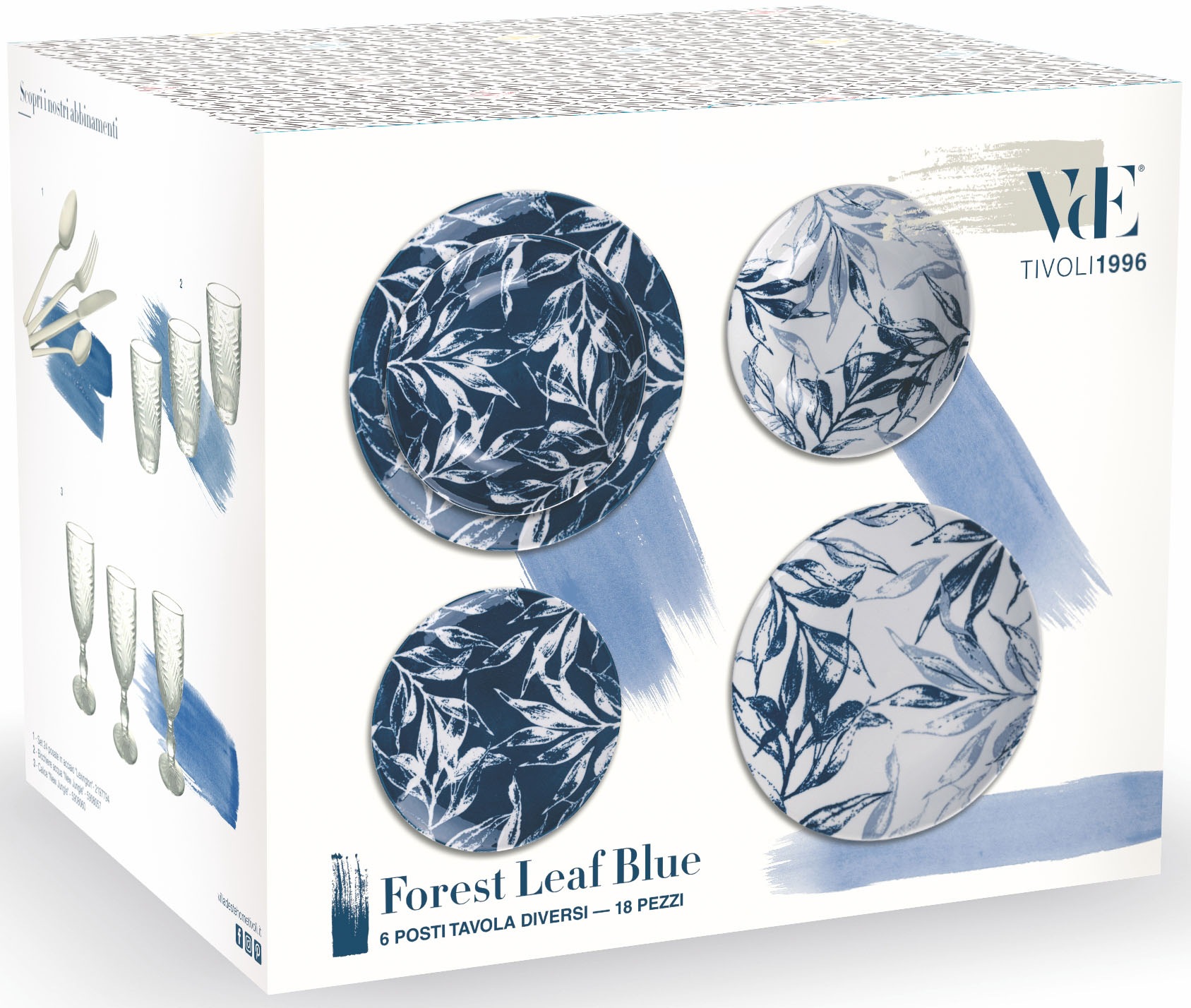 Villa d'Este Teller-Set »Geschirr-Set Forest Leaf Blue«, (Set, 18 tlg.), Service, Tafelservice, 18 Teile, für 6 Personen
