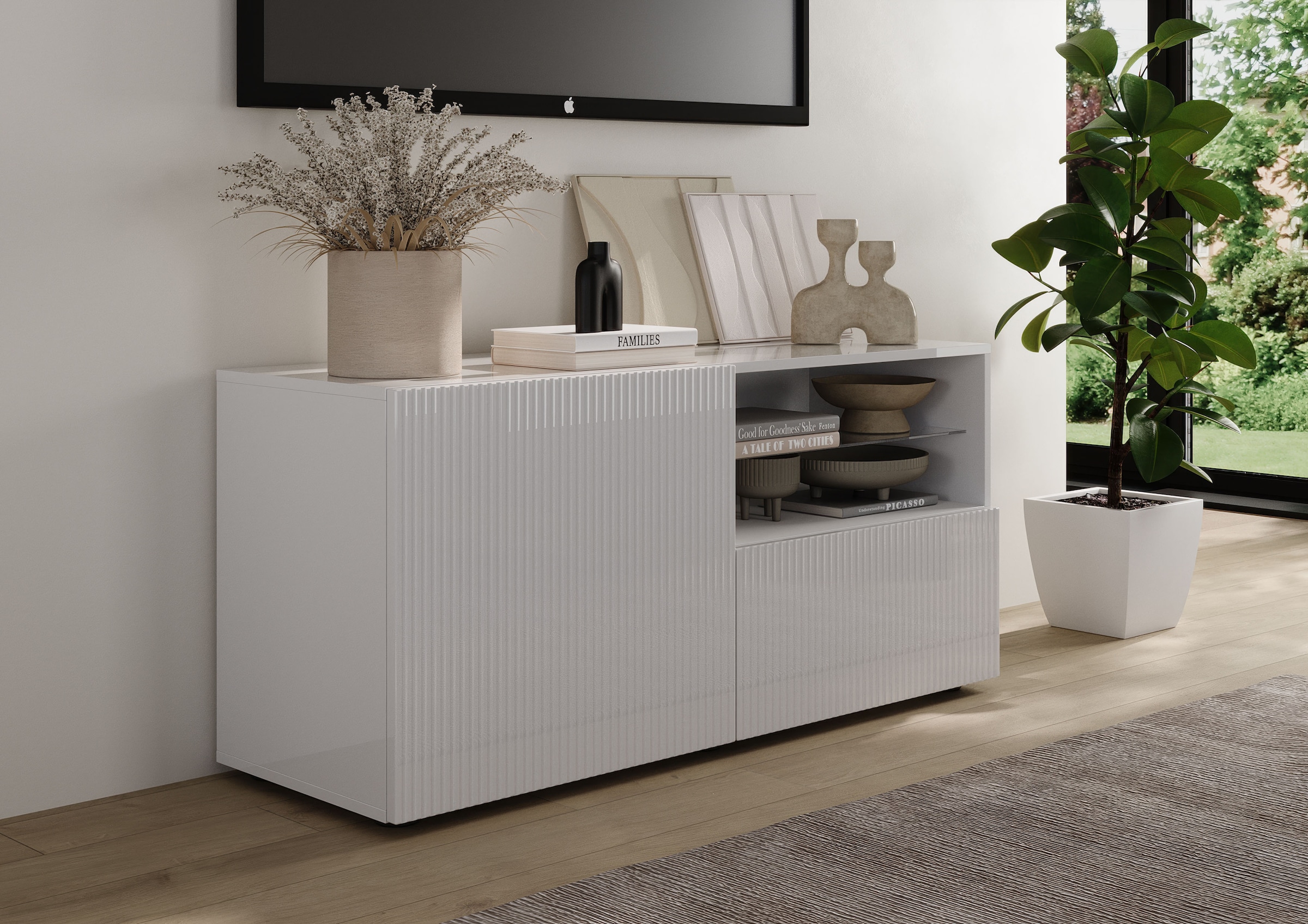 INOSIGN Lowboard »Rio Breite 120 cm, TV-Board 1 Tür u. 1 Schubkasten, TV-Schrank«, geriffelte Front, modern u. elegant, für kleine Räume