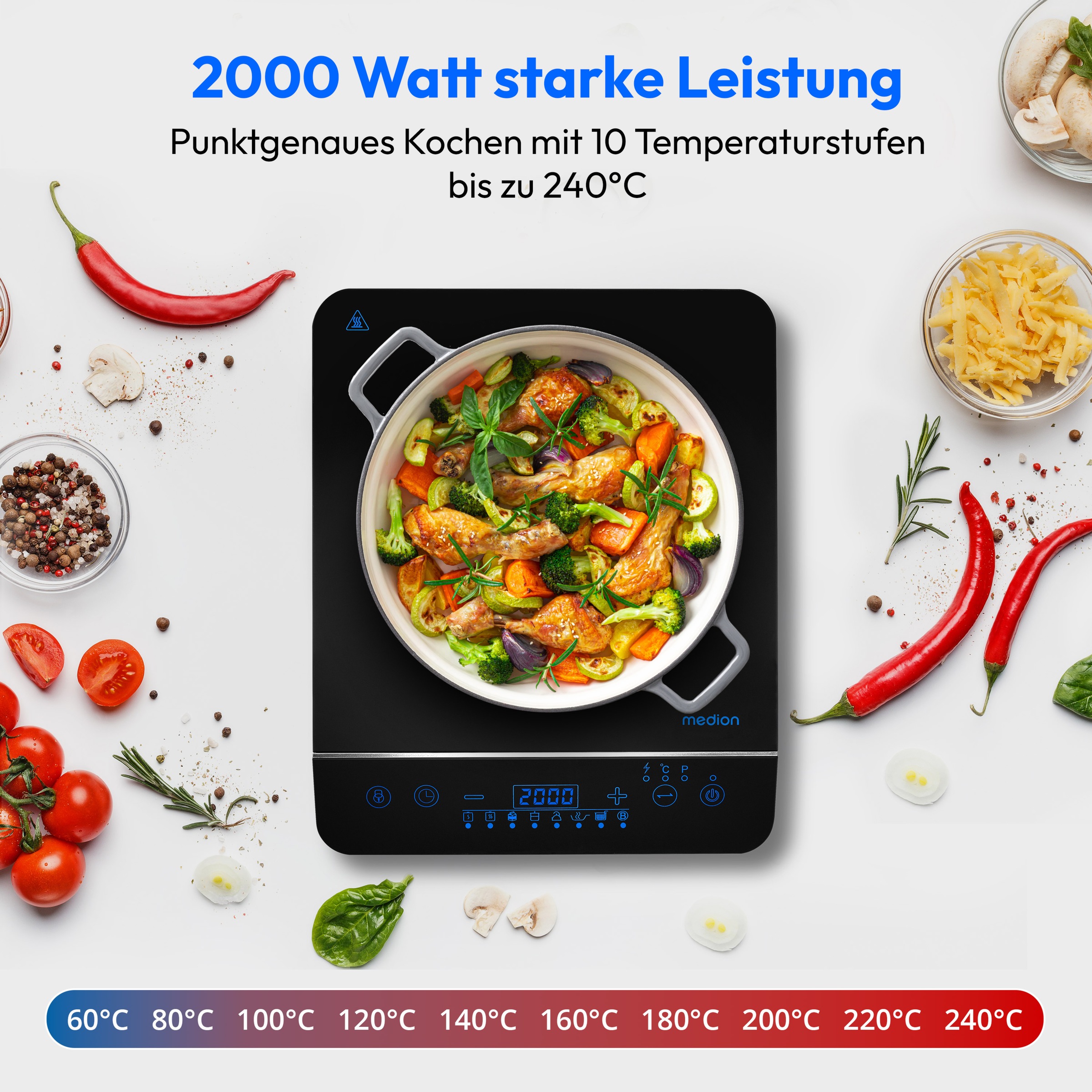 Medion® Einzel-Induktionskochplatte »MD 17595, 2000 W Induktionsleistung, automatische Topferkennung, Timer«, Temperaturbereich 60 - 240°, Sensor-Touch-Display, 10 Leistungsstufen