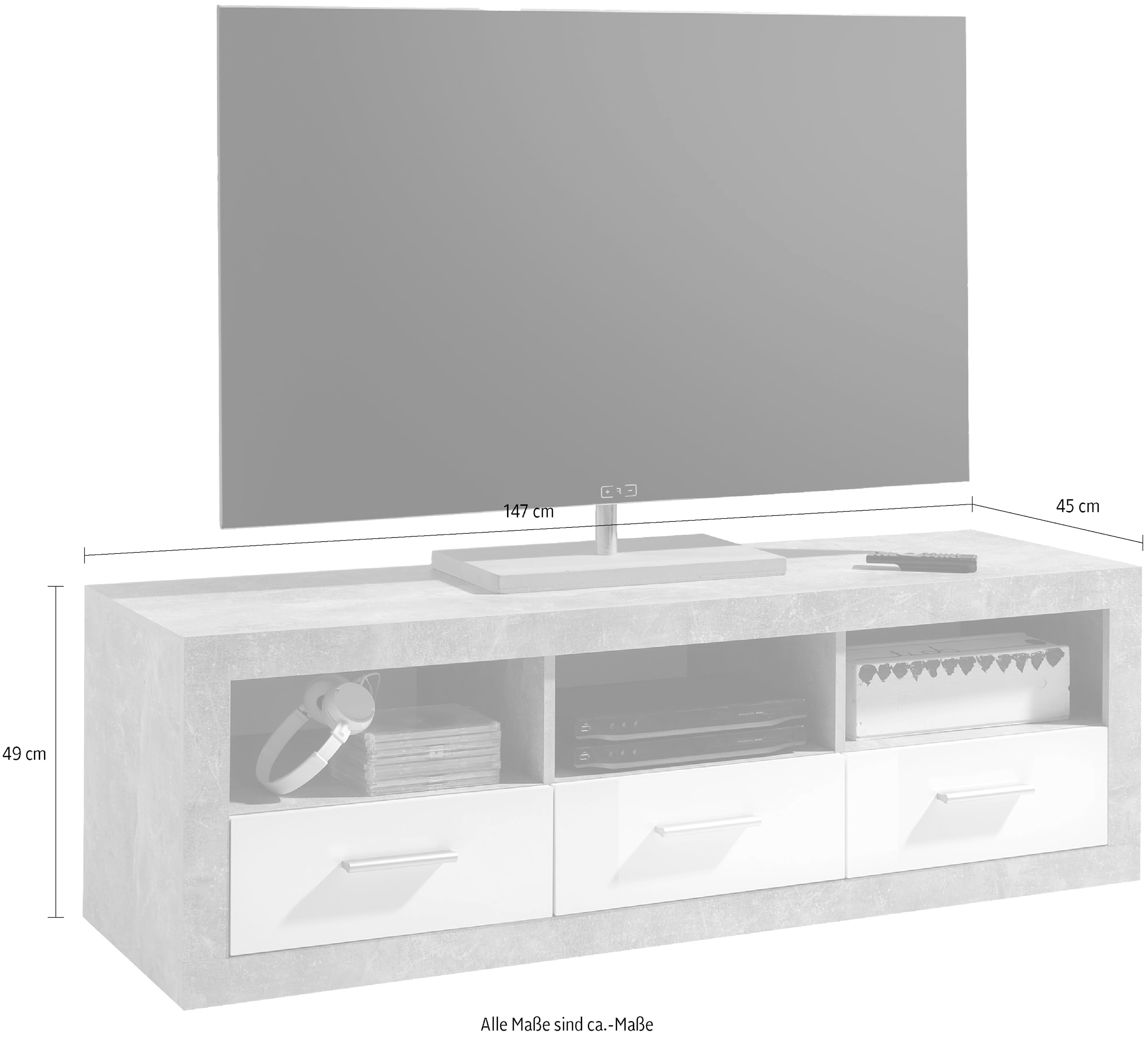 HBZ Lowboard »Stone weiß Hochglanz, TV Möbel bis 55 Zoll, BxHxT 147x49x45 cm«, (1 St.), Mit 3 offenen Fächer, 3 Schubkästen, 1 Kabeldurchführung