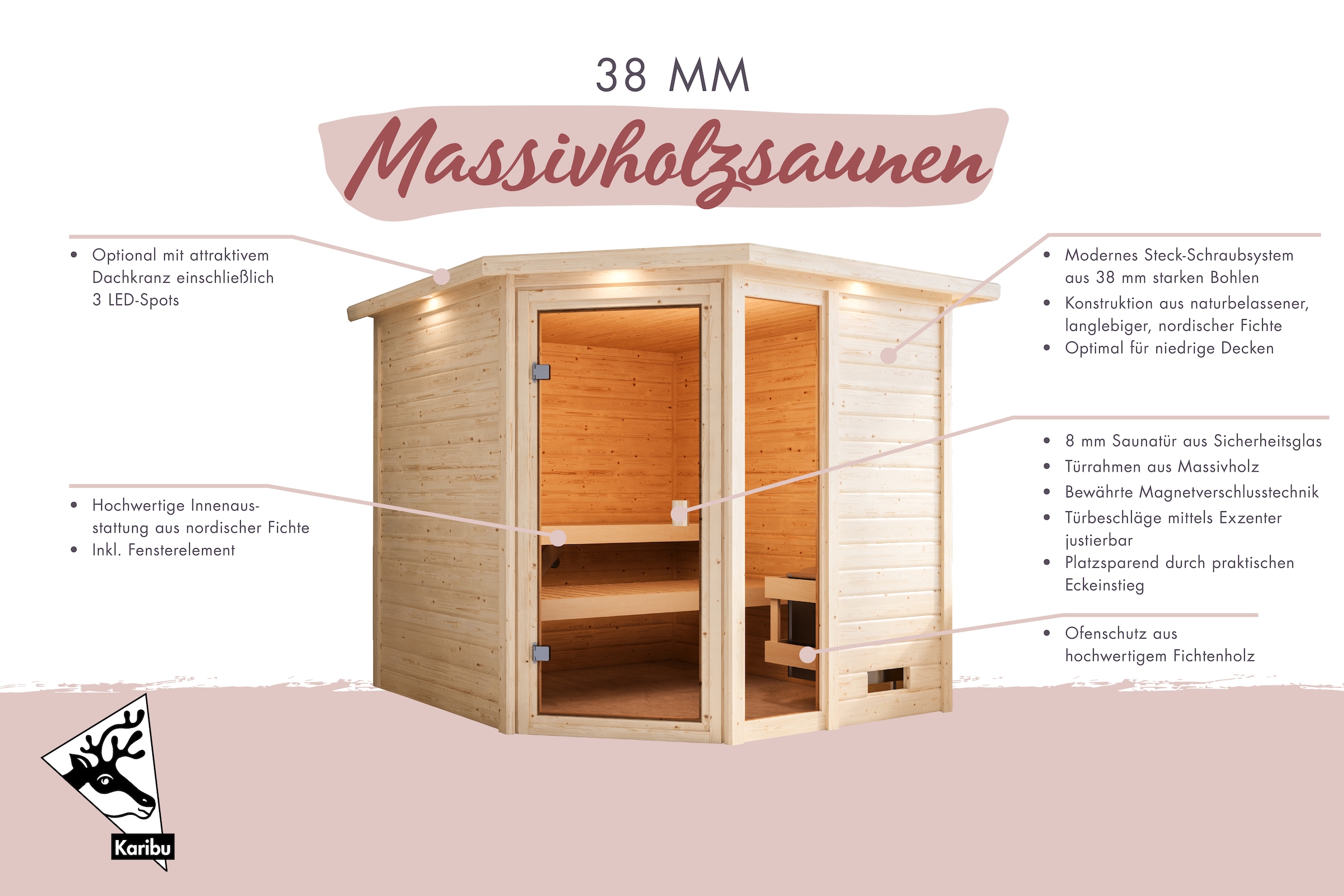 Karibu Sauna »"Tally" mit bronzierter Tür und Kranz, naturbelassen«, aus hochwertiger nordischer Fichte